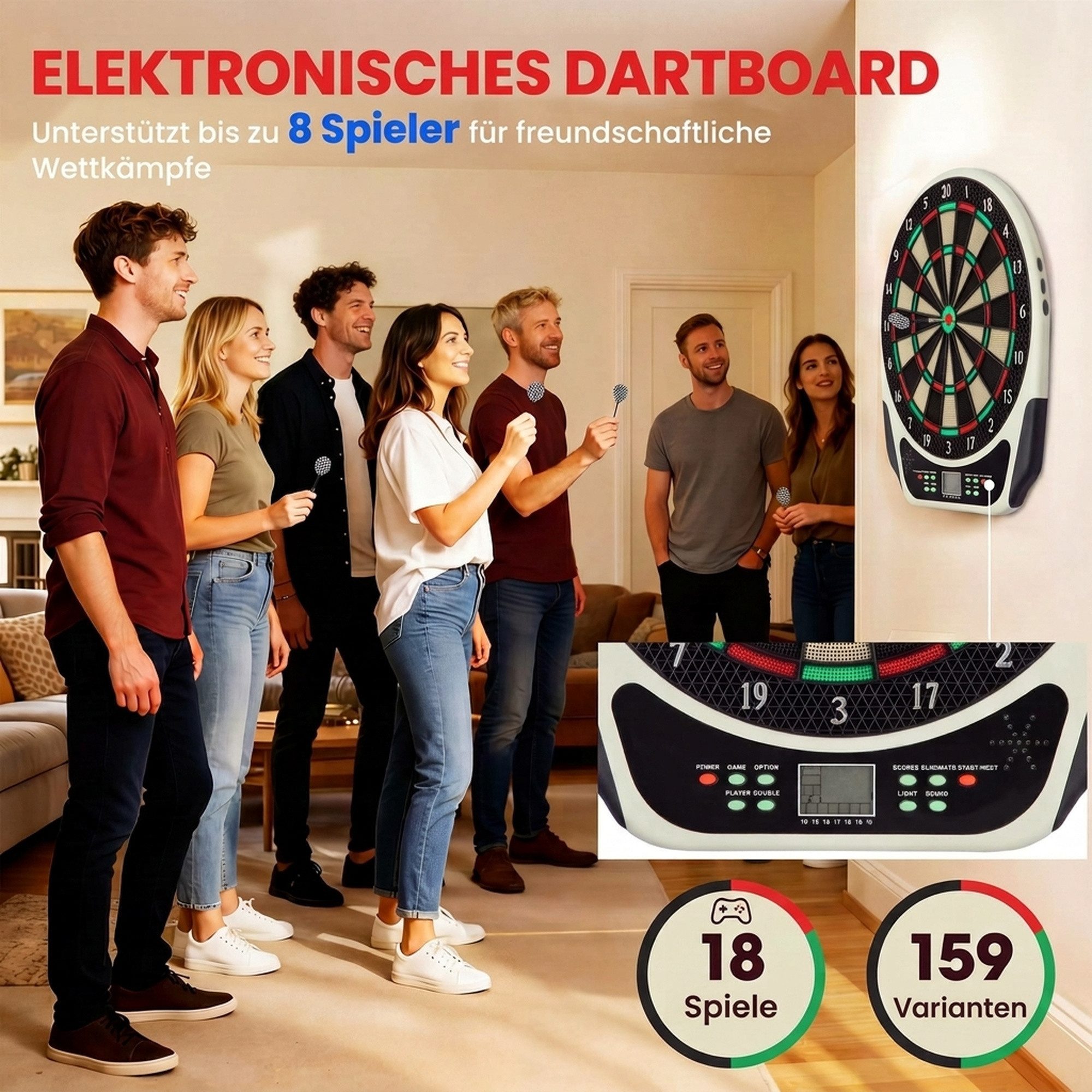 HOMCOM Dartscheibe Elektronische mit Sprachansagen LED-Anzeigen 6 Darts 24 Dartköpfe, (Dartspiel, 1-tlg., Dartboard), Schwarz+Weiß 44 x 50 x 3,2 cm – Bild 4 von 5