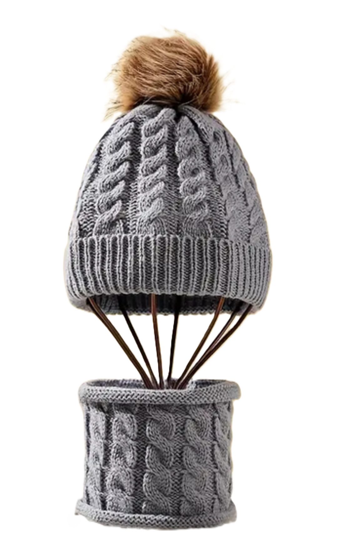 Botells Mütze & Schal Strick Set für Babys, kuschelig weich, warm und anschmiegsam (Fellimitat Bommel Mütze und Loop Schal, 2) Schickes Strickdesign