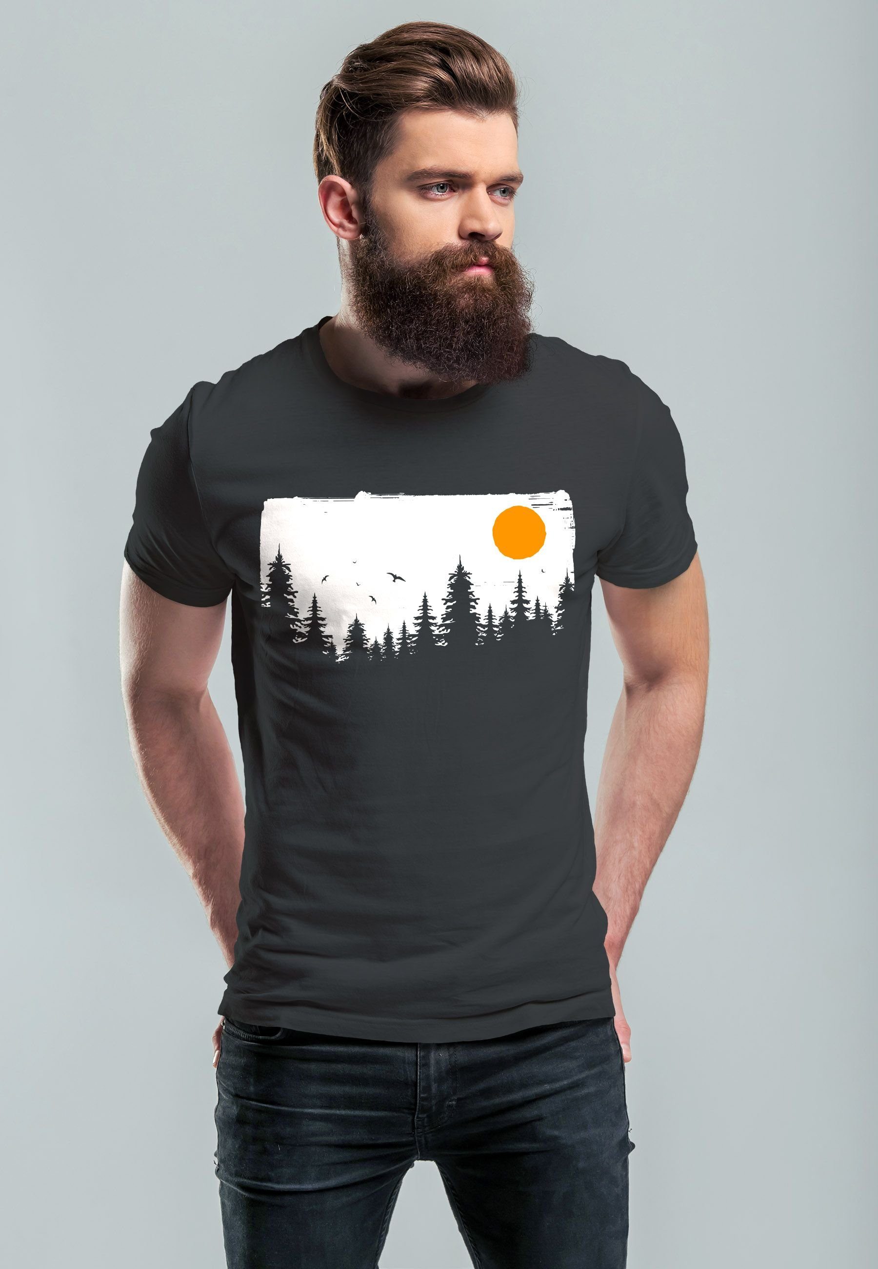 Abenteuer Outdoor Herren Neverless anthrazit Print-Shirt mit Bäume Natur-Liebhaber Print Wald Adventure T-Shirt