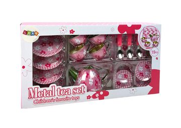 LEAN Toys Kinder-Küchenset Tee-Set Metallblumen Rosa Tassen Teller Tablett Teekanne Blumenmotiv