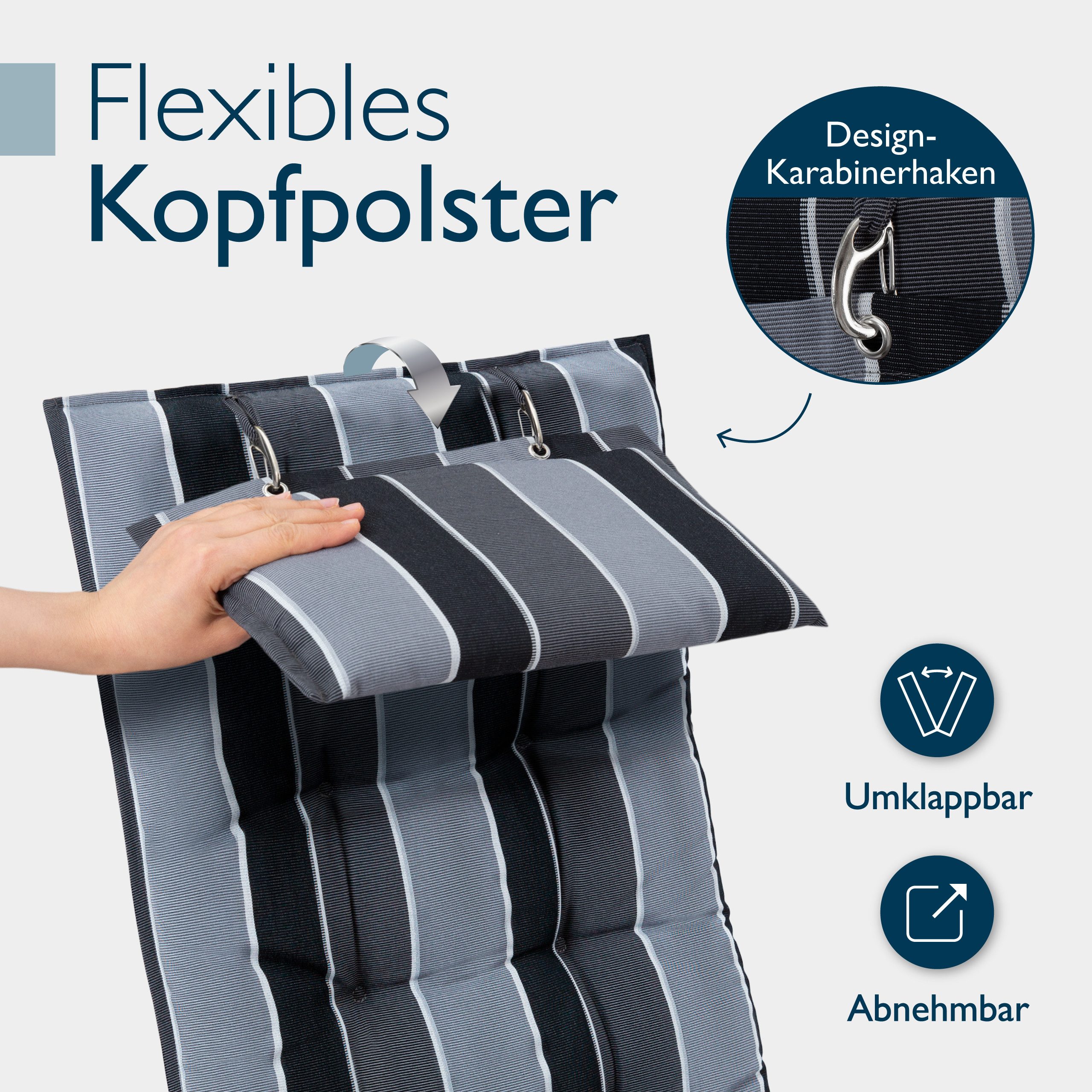 Beautissu Hochlehnerauflage Premium Hochlehner Auflage Kopfpolster Sun Sun-HL, 120x50cm, Anthrazit, Mit Kopfpolster, rutschfest & robust – Befestigungsbänder, U – Bild 4 von 5