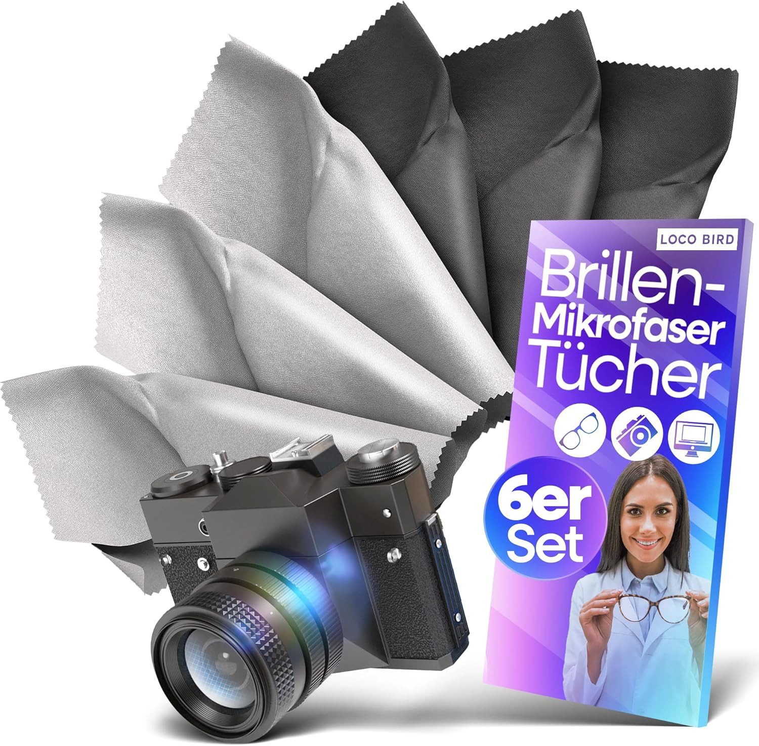 Loco Bird Brillenputztuch Microfaser in Optikerqualität - Brillenputztücher - Reinigungstücher (30x30 cm, - 6er Set, Brillentücher in Grau, Mikrofasertuch, Mikrofasertücher für Brille & Display, Microfasertuch)