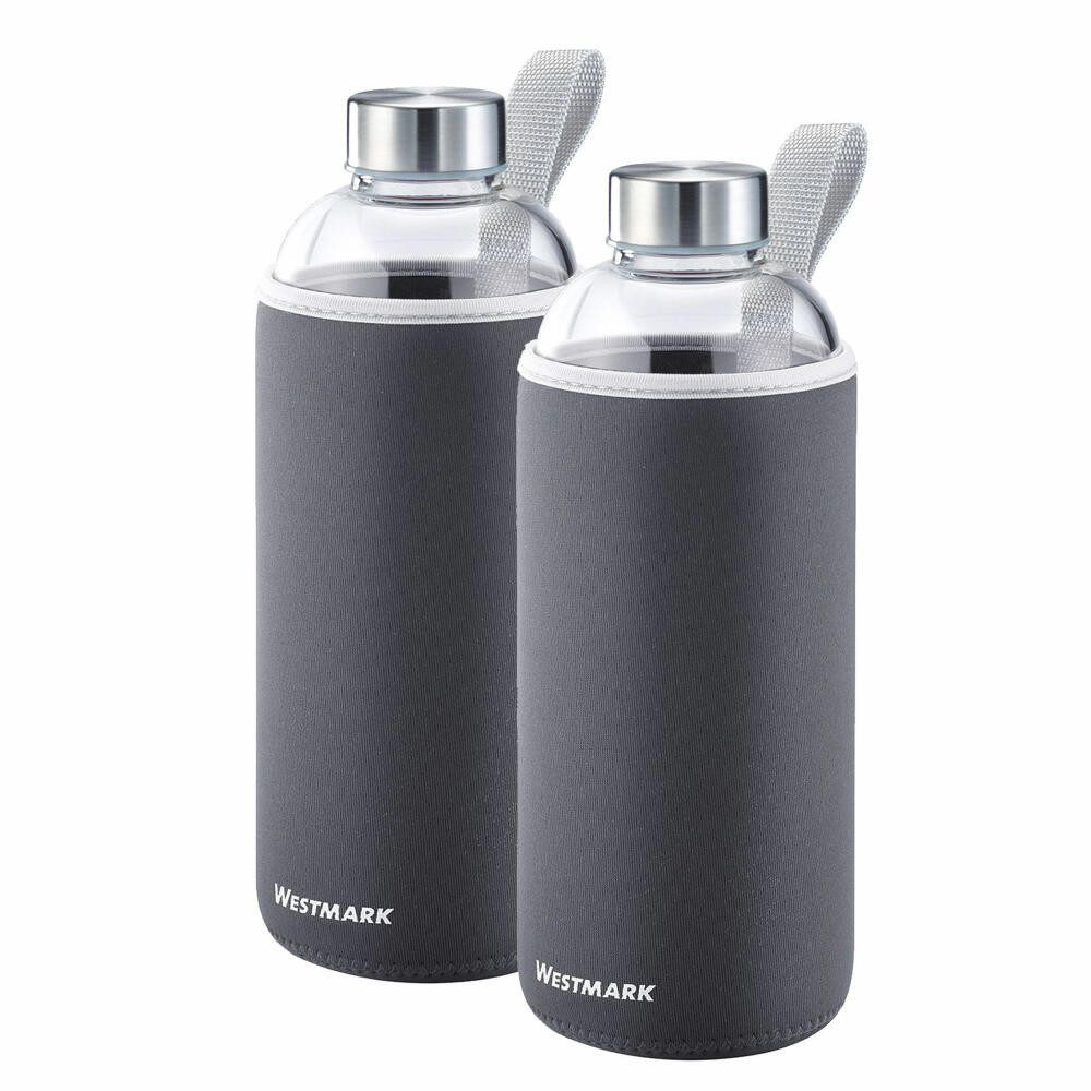 WESTMARK Trinkflasche Set, 2tlg., aus Glas mit Aufdruck, inkl. je 1 Schutzhülle, 1000 ml