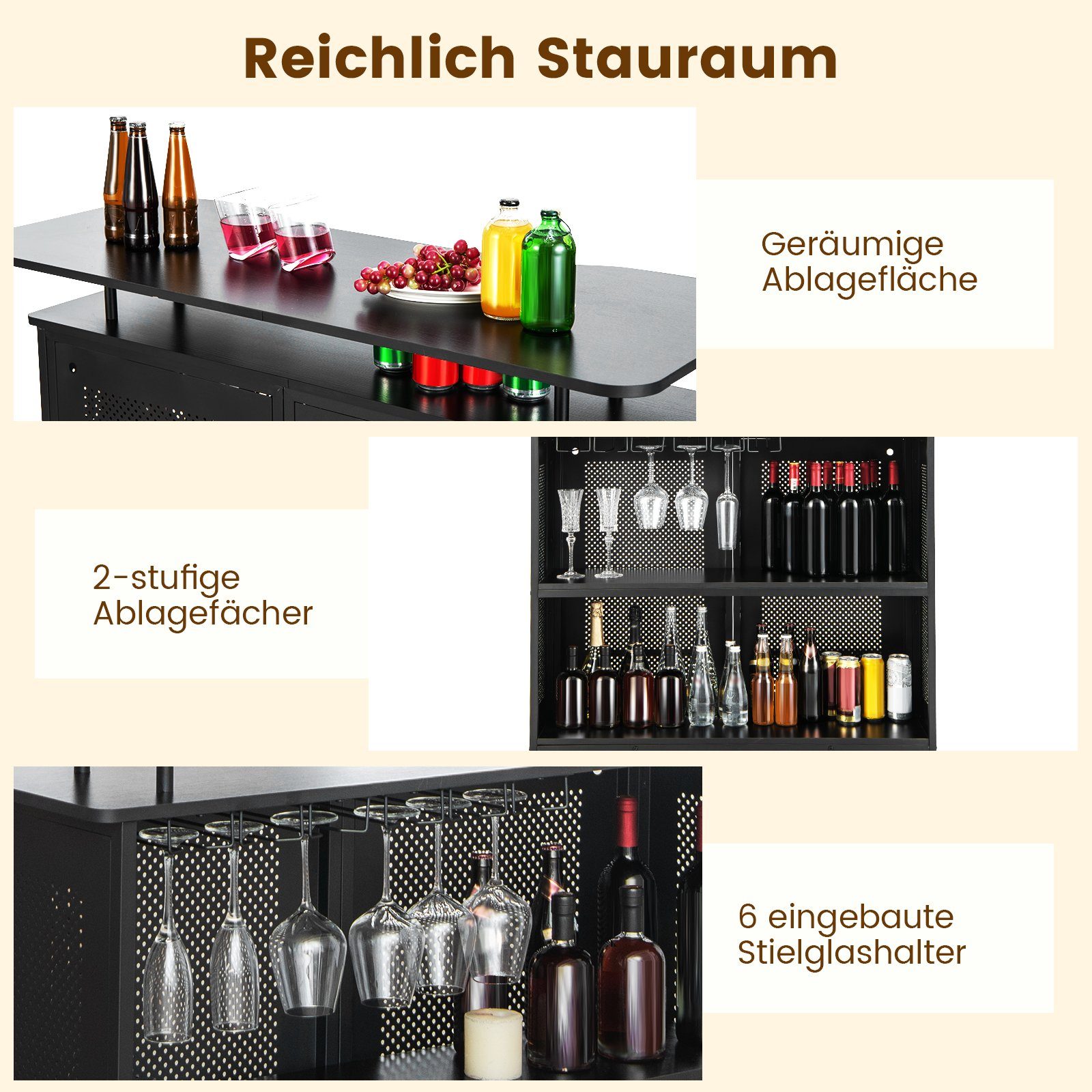 COSTWAY Bartisch, Küche, mit Stauraum & Fußstütze, 120x50x106,5cm, schwarz