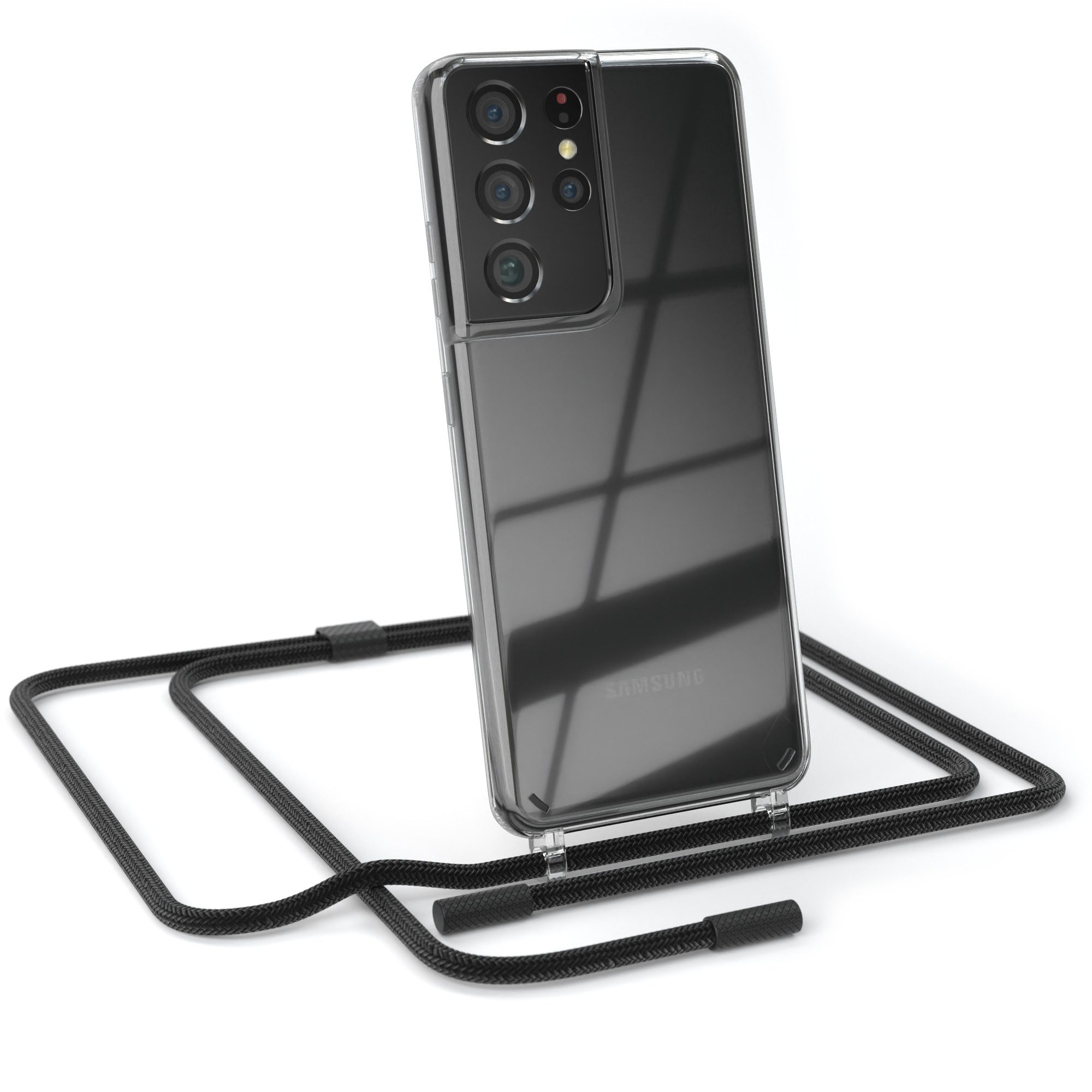 EAZY CASE Handykette Silikon Kette Unifarbe für Galaxy S21 Ultra 5G 6,8 Zoll, Smartphonekette Cover Silikonhülle Umhängetasche Necklace Schwarz
