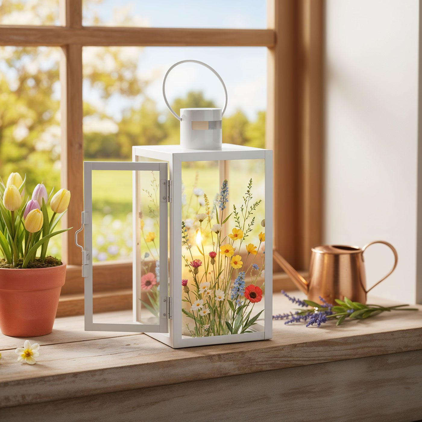 Levandeo® Kerzenlaterne Laterne H25cm Metall Weiß Blumen Frühlingsdeko Windlicht Sommer Tischd – Bild 3 von 5
