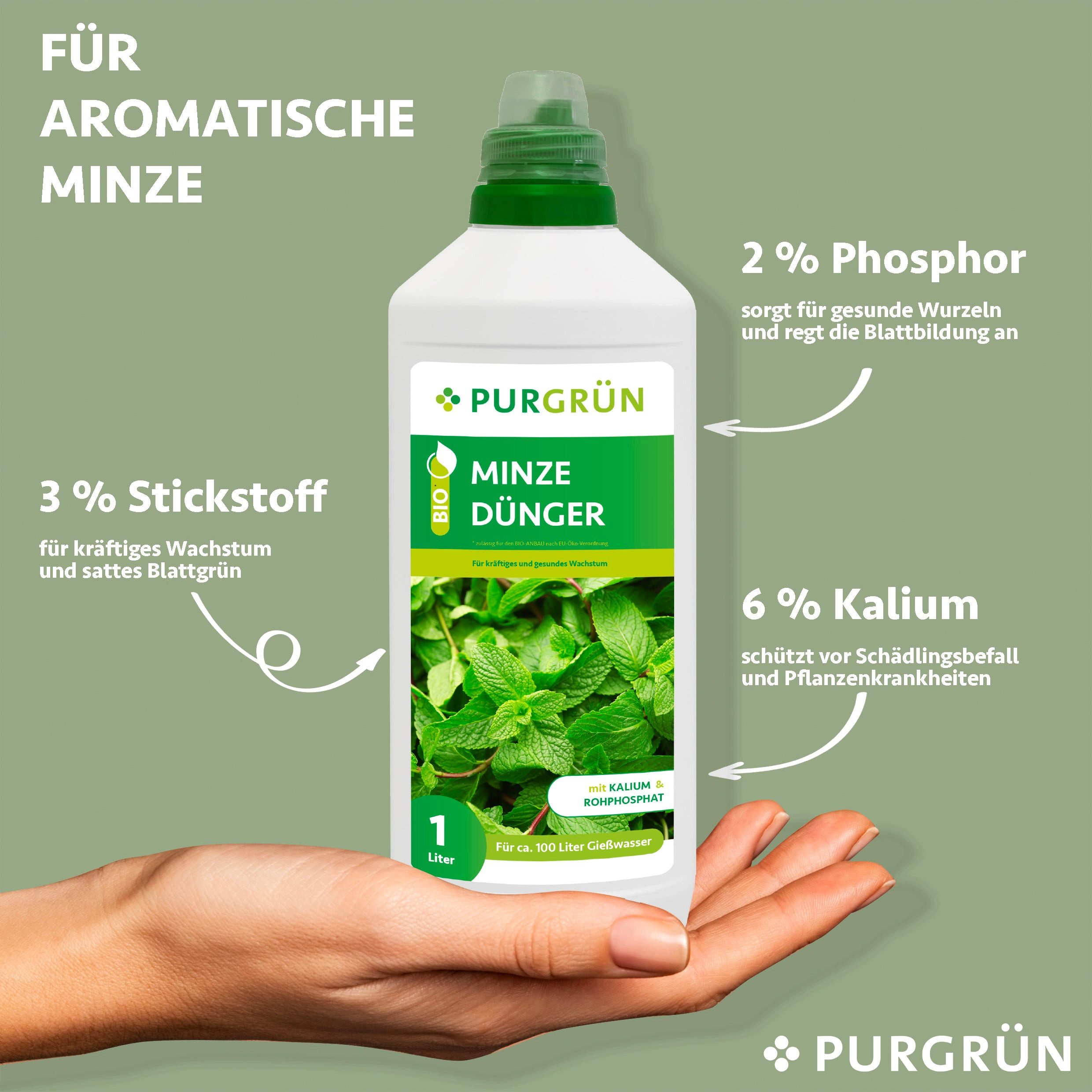 Thumbnail - Purgrün Kräuterdünger Purgrün Bio Minze Dünger, NPK 4+1+7, Algenextrakt, 1 Liter, Flüssigdünger, extra Kalium fördert di...