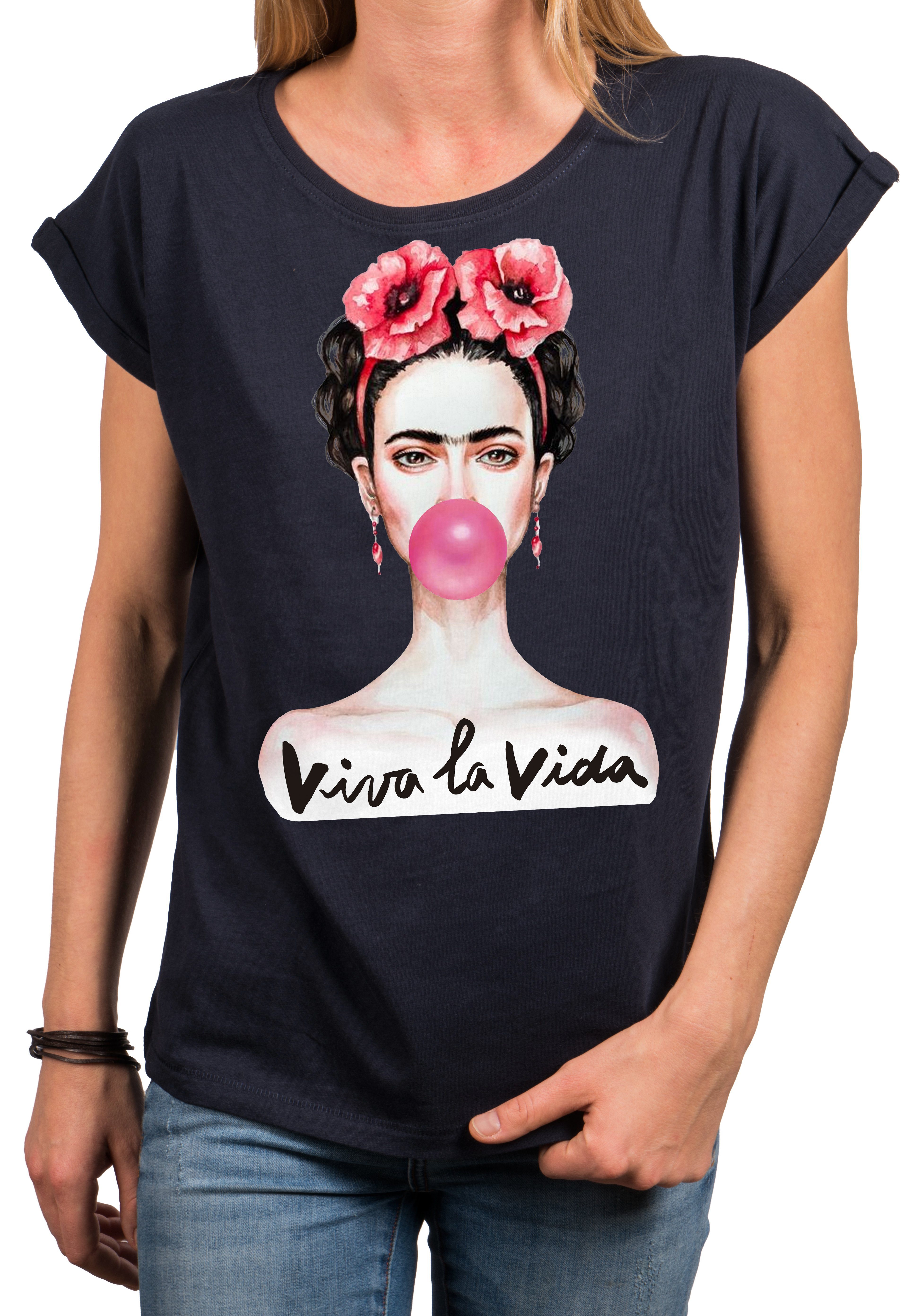 Frauen Sommer Bekleidung Print-Shirt mit große Druck, Fashion aus Oberteile Blau MAKAYA Baumwolle, Damen Größen Fridas Top Modische