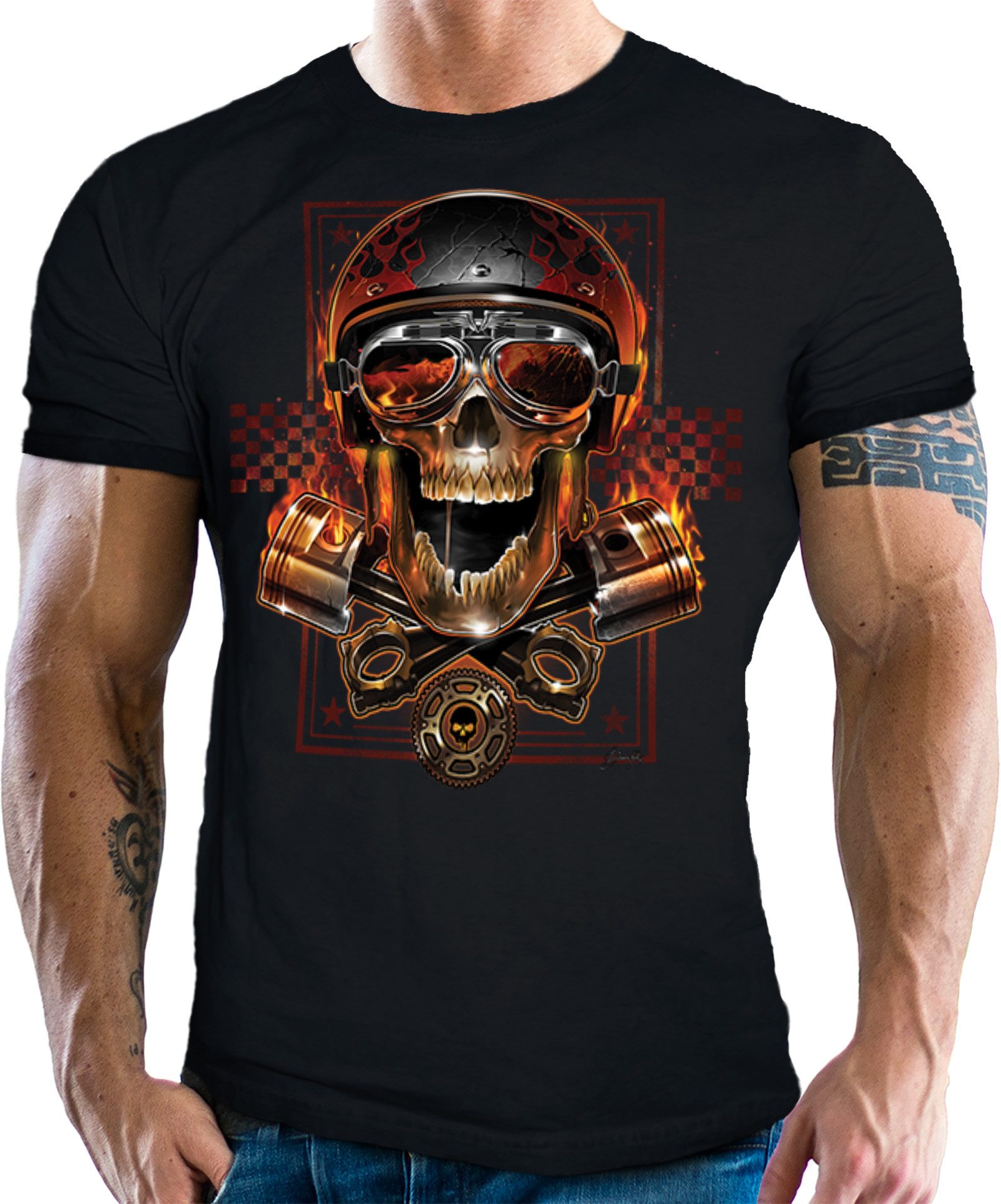 T-Shirt für Motorradfahrer und Biker: Skull and Piston