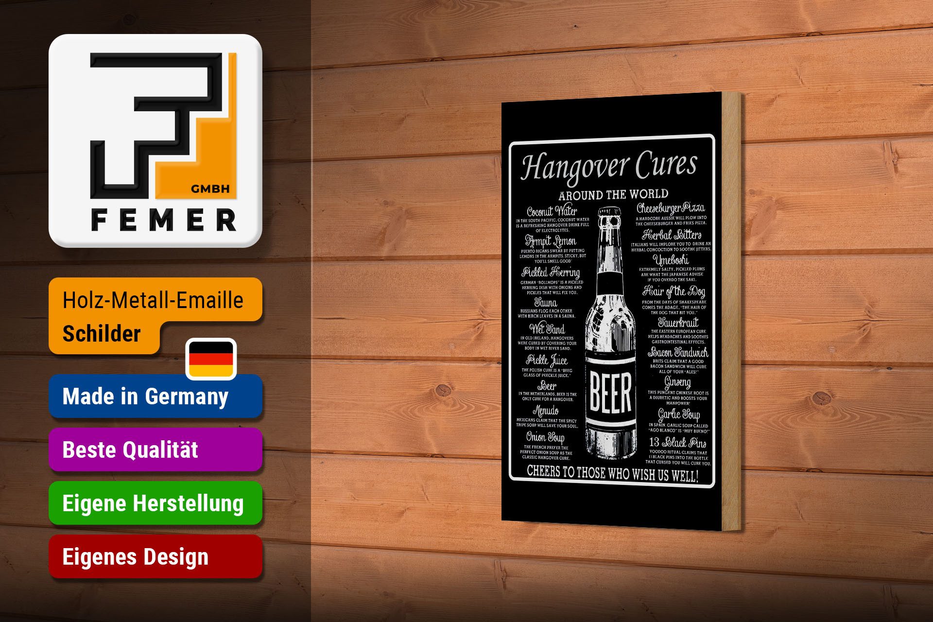 Femer GmbH Holzbild Spruch 12x18 cm Hangover cures around the world, (1 St), Glatte Holzfaserplatte (MDF), vorn beschichtet