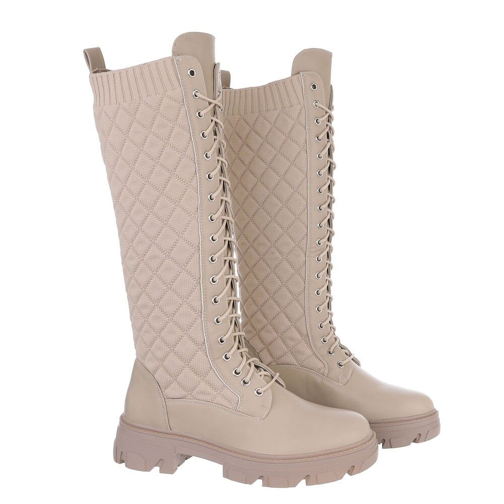 Ital-Design Damen Schnürschuhe Freizeit Plateaustiefel Blockabsatz Schnürstiefel in Beige
