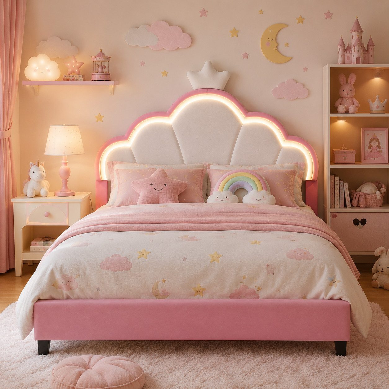 Simurq Kinderbett 140x200 cm Mädchen Bett Mit LED, Kopfteil in Kronenform und Lattenrost (Set, Ohne Matratze), Polsterbett Prinzessinbett mit Gepolstertem Kopfteil, Samt