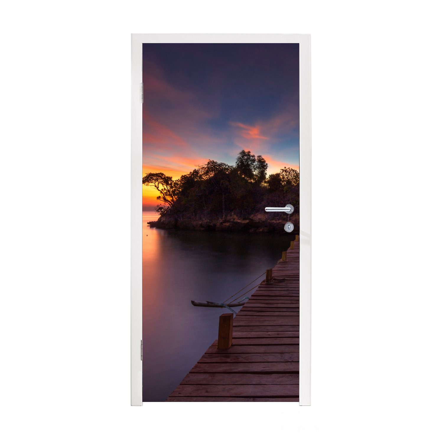 MuchoWow Türtapete Sonnenuntergang - Brücke - Bäume - Wasser - Insel, Matt, bedruckt, (1 St), Fototapete für Tür, Türaufkleber, 75x205 cm