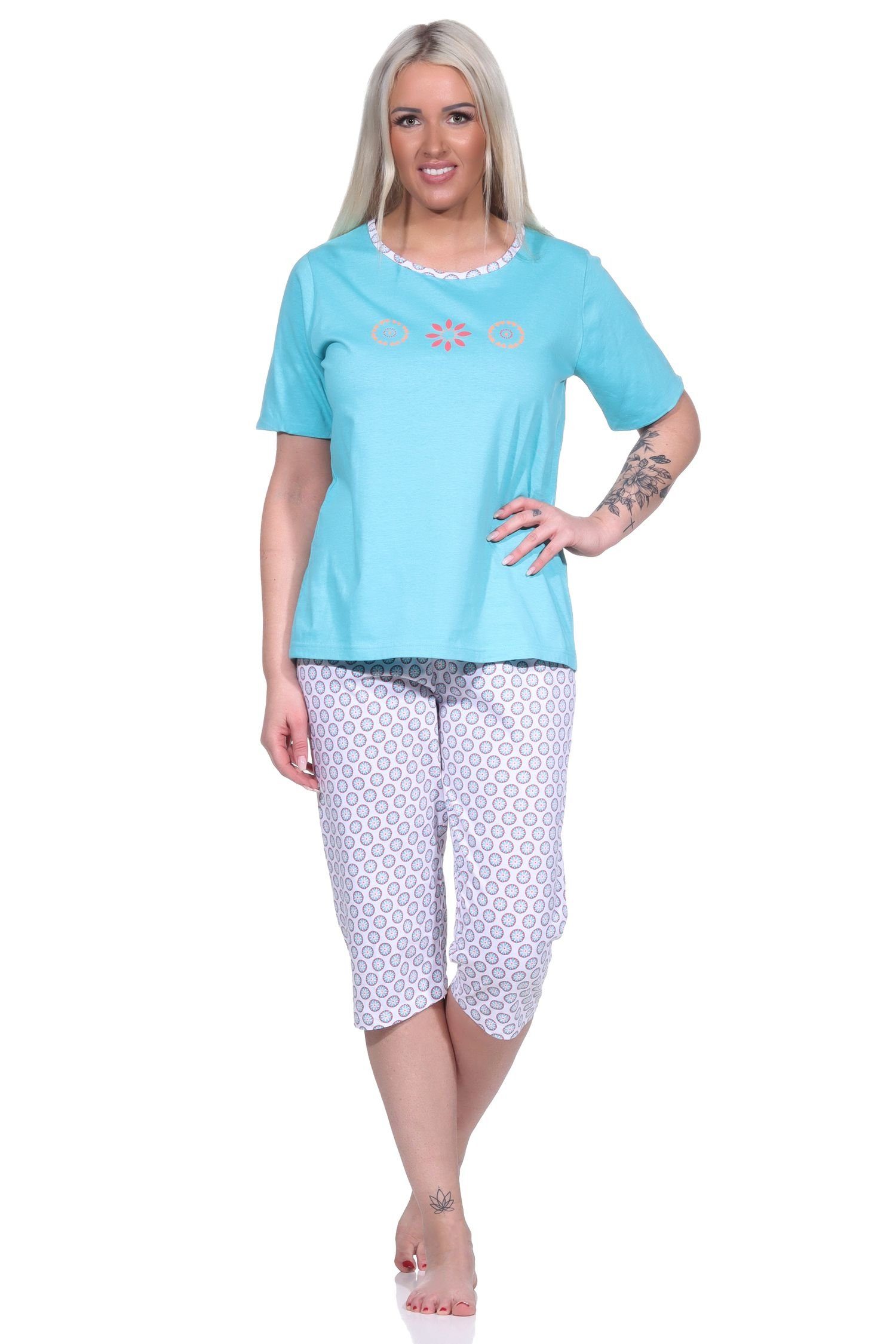 Normann Pyjama Damen mit Pyjama und türkis Capri, Caprihose Schlafanzug Blümchen-Muster