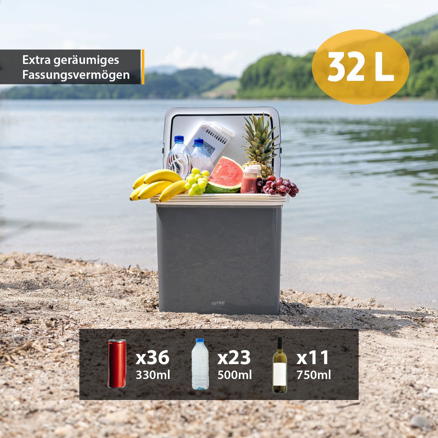 TZS FIRST AUSTRIA Elektrische Kühlbox 32L, Mini-Kühlschrank, 12V /230V Anschluss, 12-V-Stecker fürs Auto, für Camping, Festivals, Reisen, mit Kühl- und Warmhaltefunktion