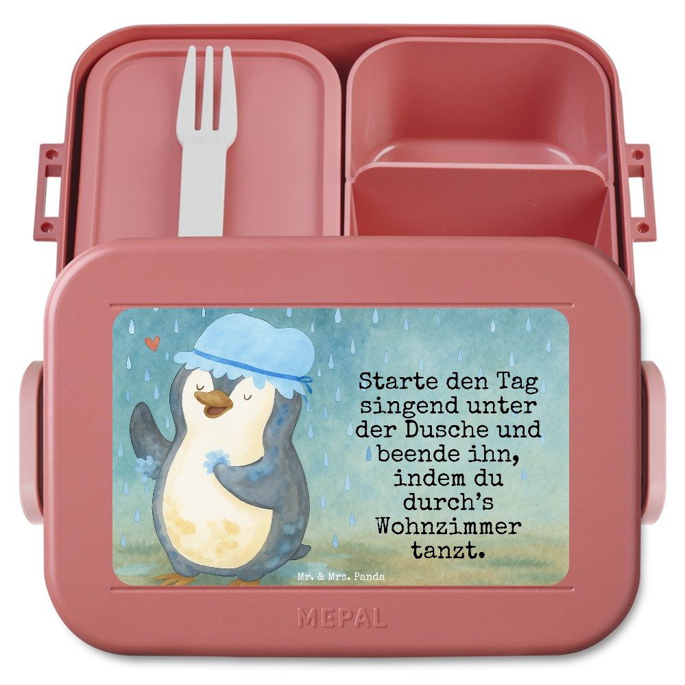 Mr. & Mrs. Panda Butterdose Pinguin Duschen Design, Vesperbox, Rot Pastell, Tanzen, Singen, Bento, Polypropylen lebensmittelecht, (Packung), Snackbox Tanzen Frischhaltedose