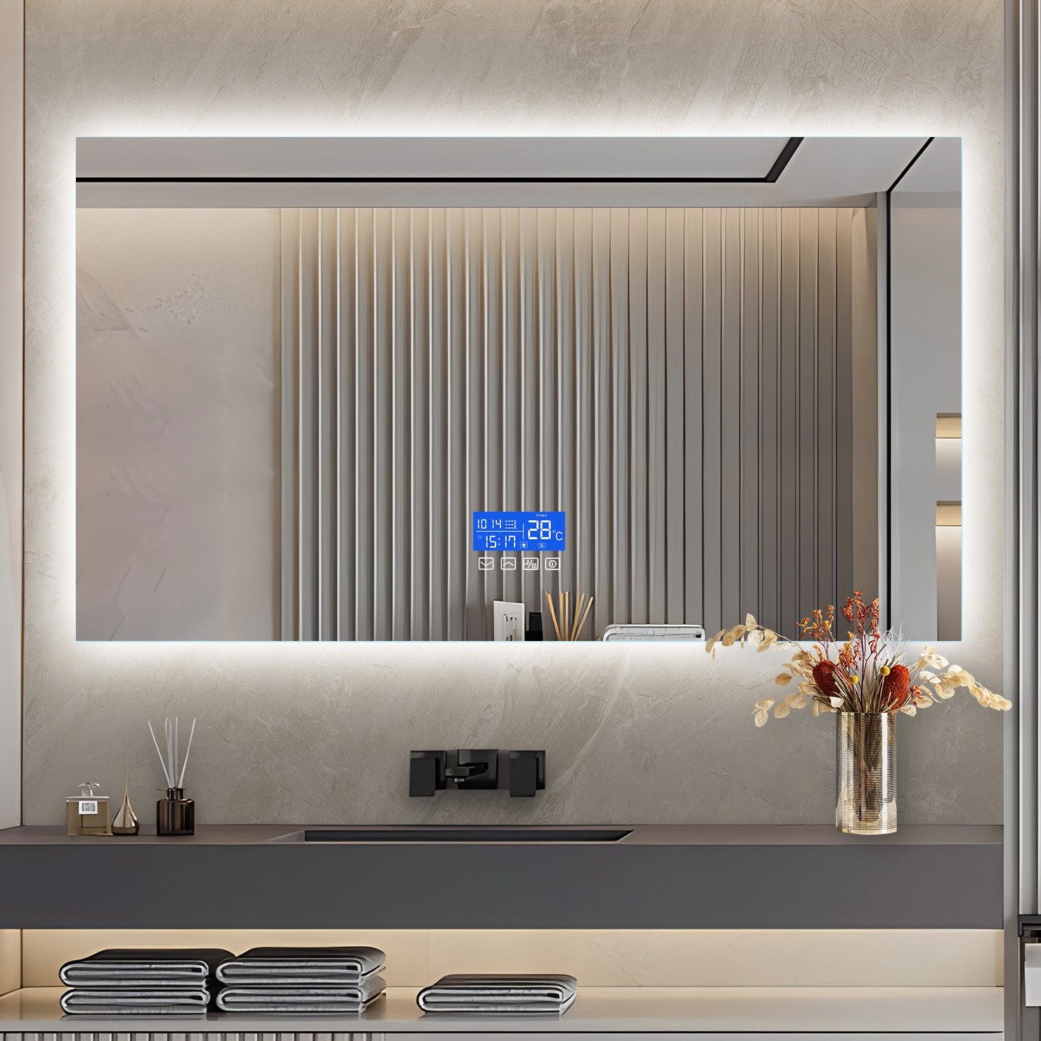 Furnishings Home Badspiegel Badezimmerspiegel rahmenlos Kosmetikspiegel mit LED Beleuchtung (Einstellung der warmen und kalten Farbtemperatur 3000/4000/6000K), Touchschalter, Beschlagfrei, Uhr, Memory Funktion, IP44, 50x70 cm