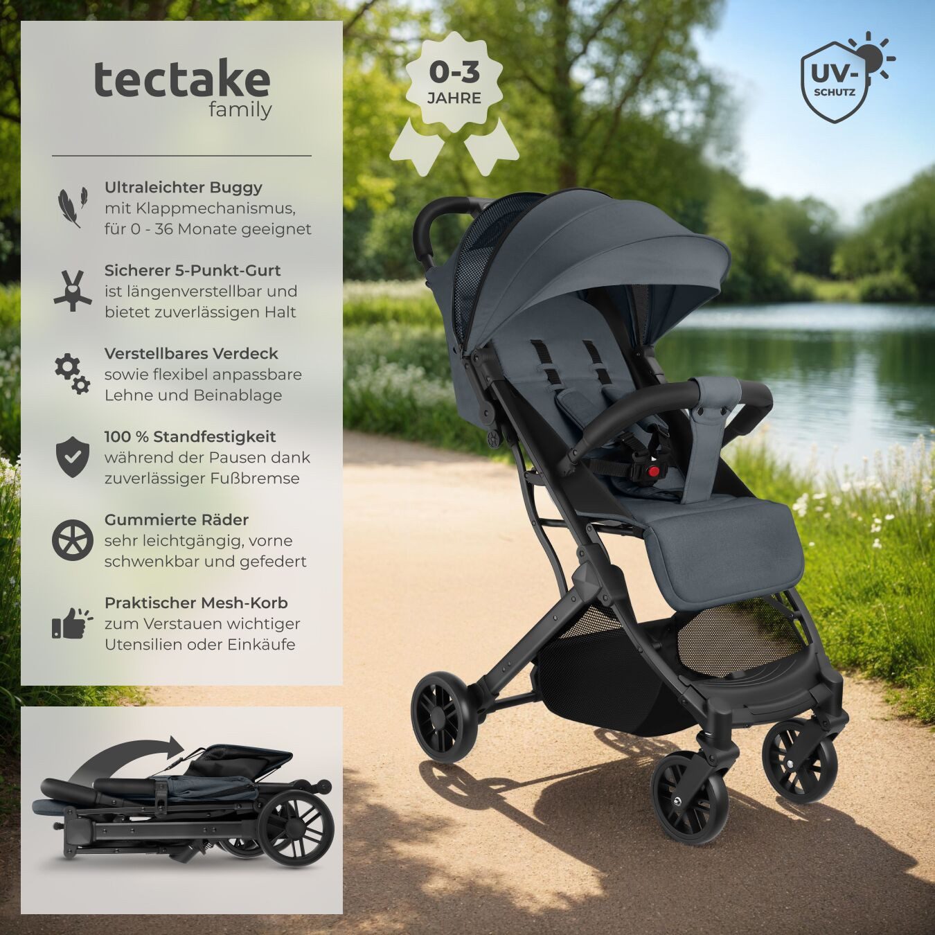 tectake Kombi-Kinderwagen Buggy-Kinderwagen, Einhand-Klappmechanismus, mit 5-Punkt-Gurt, Schutzbügel