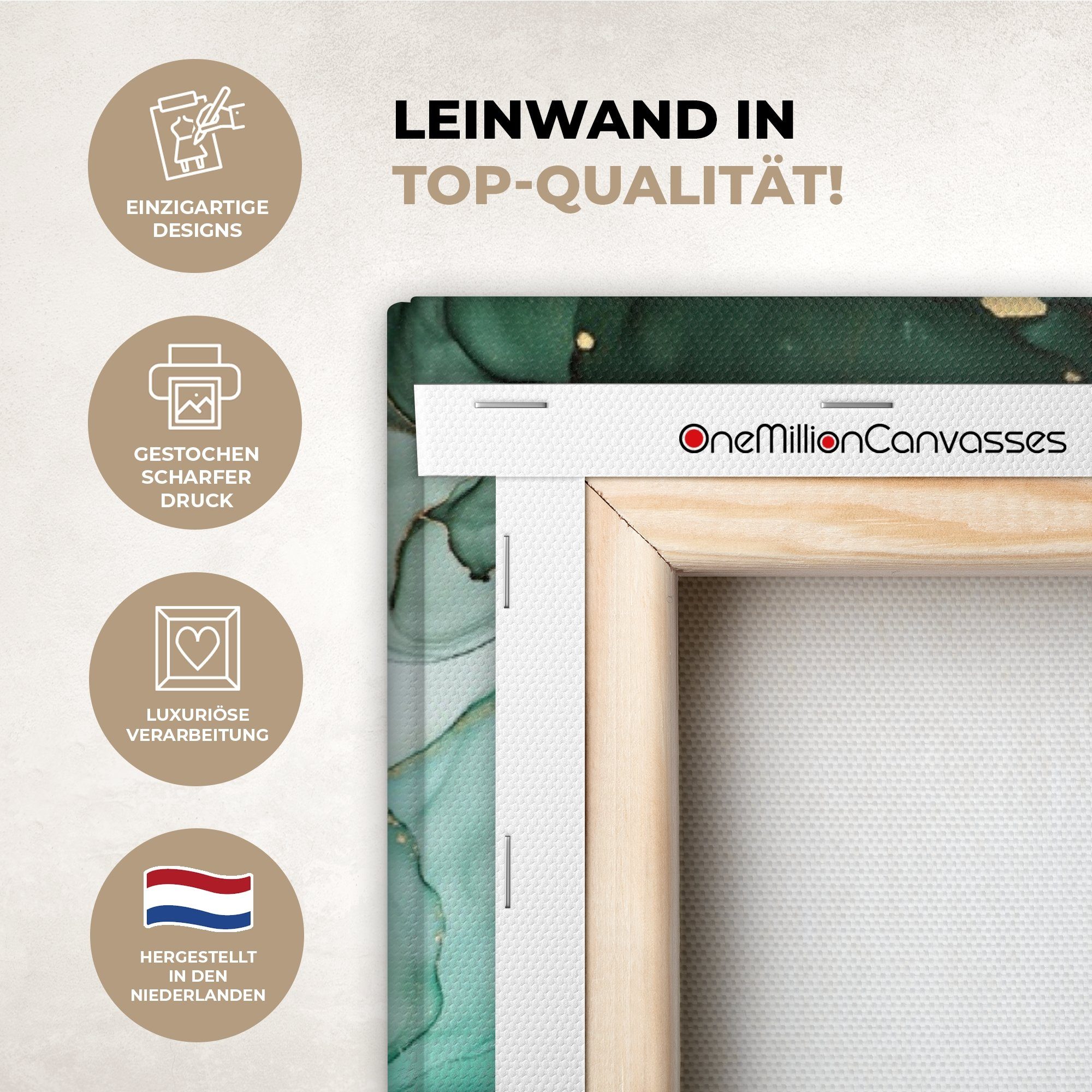 OneMillionCanvasses® Leinwandbild Gold - Marmor - Grün - Luxus - Marmoroptik - Grau, Fotodruck (1 St), Wandbild XXL für Wohnzimmer Küche 120x80 cm