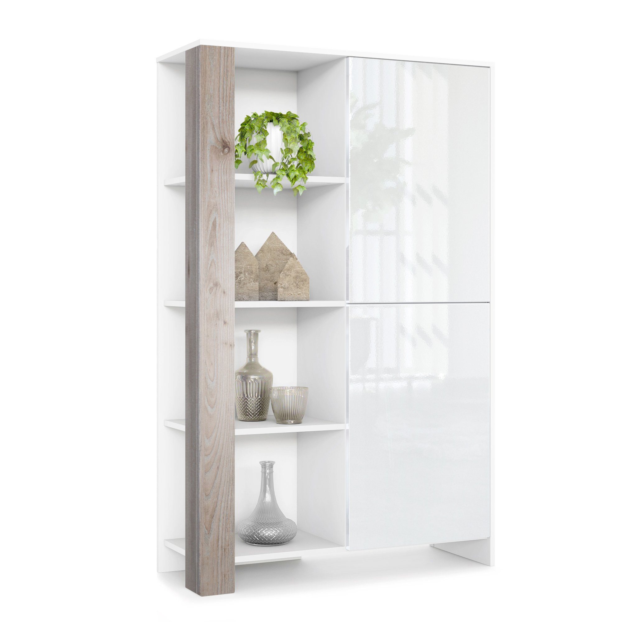 Vladon Highboard Canto (Highboard, mit 2 Türen und 8 Fächern), Weiß matt, Weiß Hochglanz, Eiche Nordic