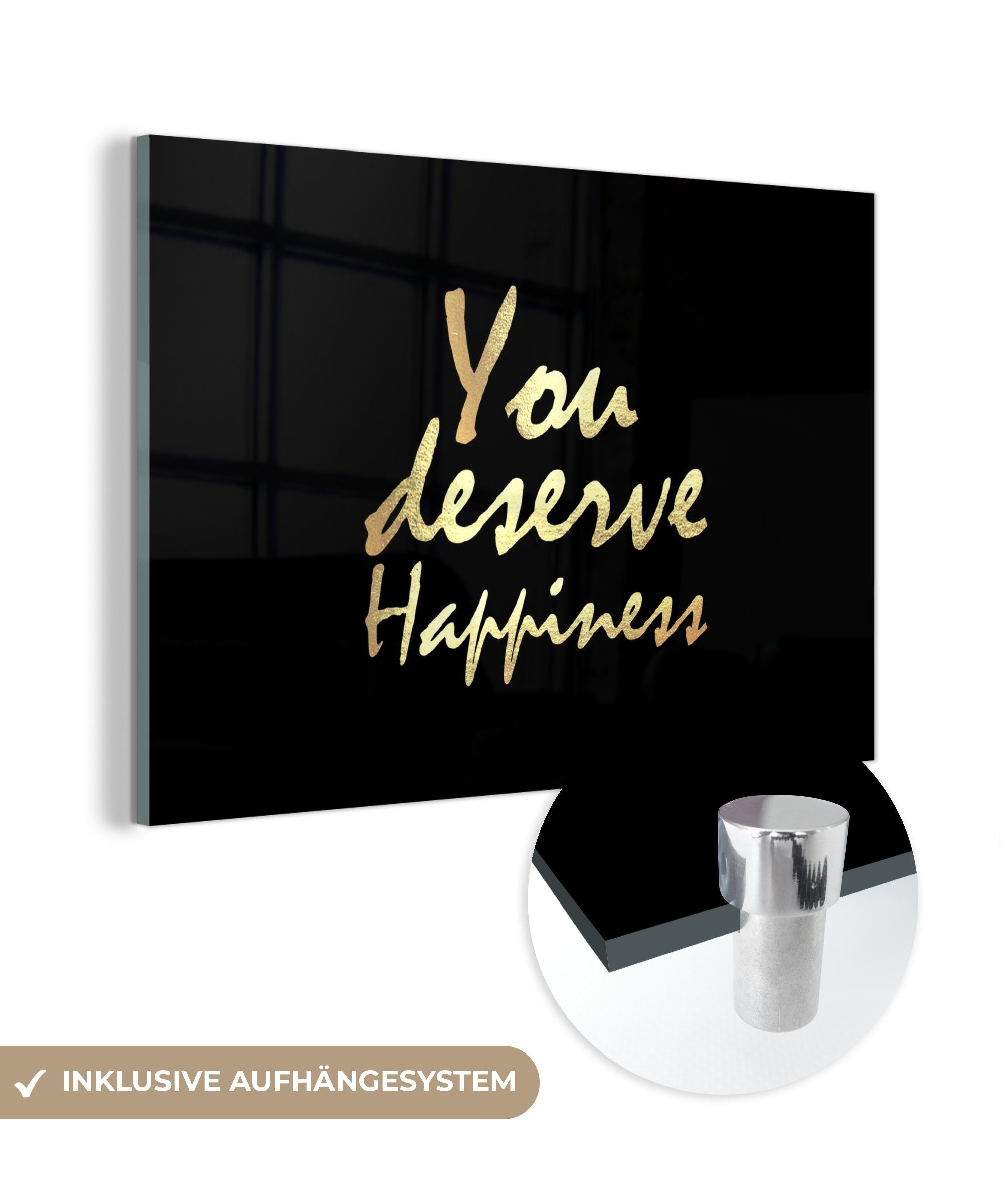 MuchoWow Acrylglasbild Zitate Glücklich Gold Schwarz, (1 St