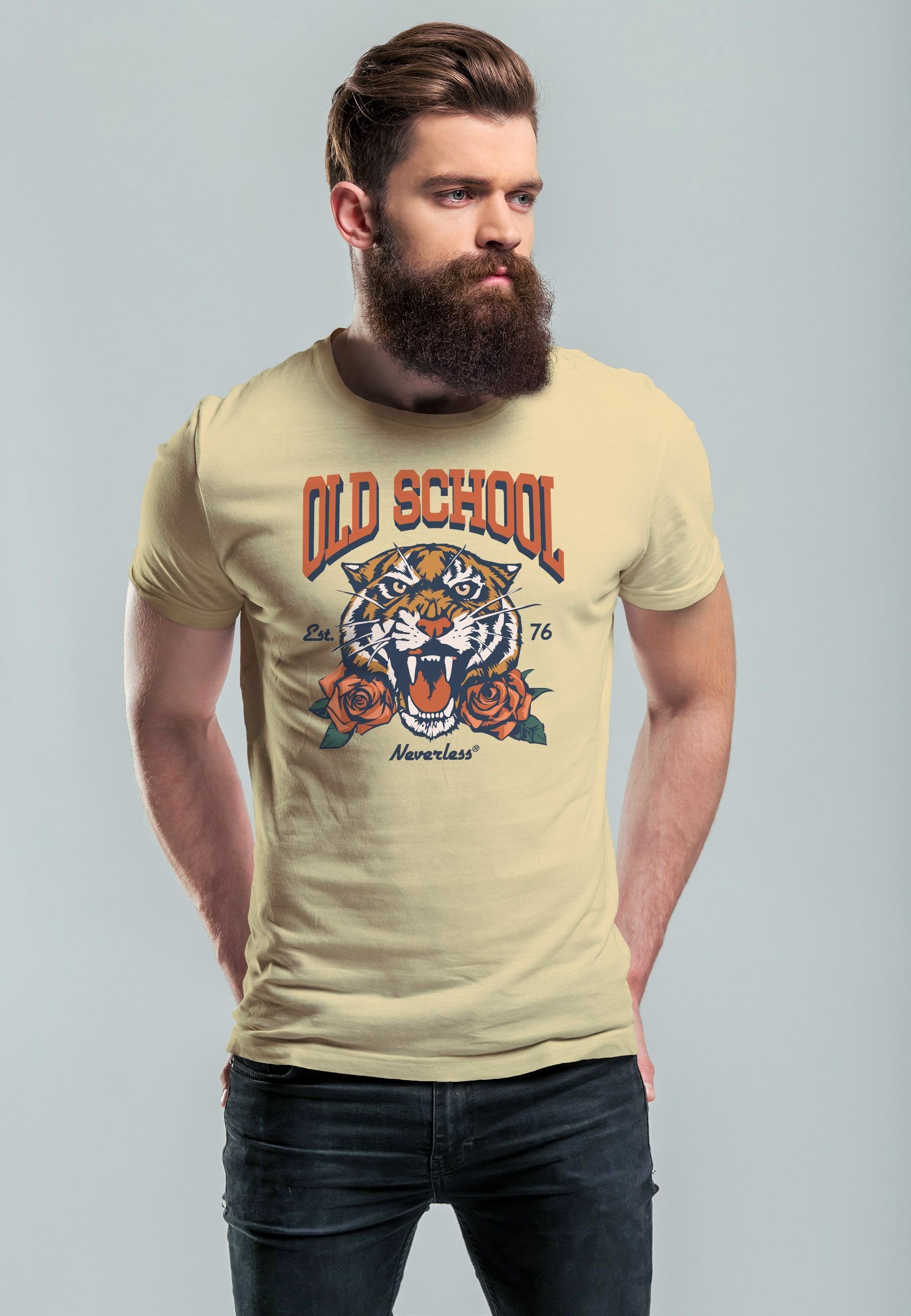 Retro Print mit Rosen Tiger Print Stre T-Shirt Print-Shirt Fashion Vintage Neverless natur Herren School Old