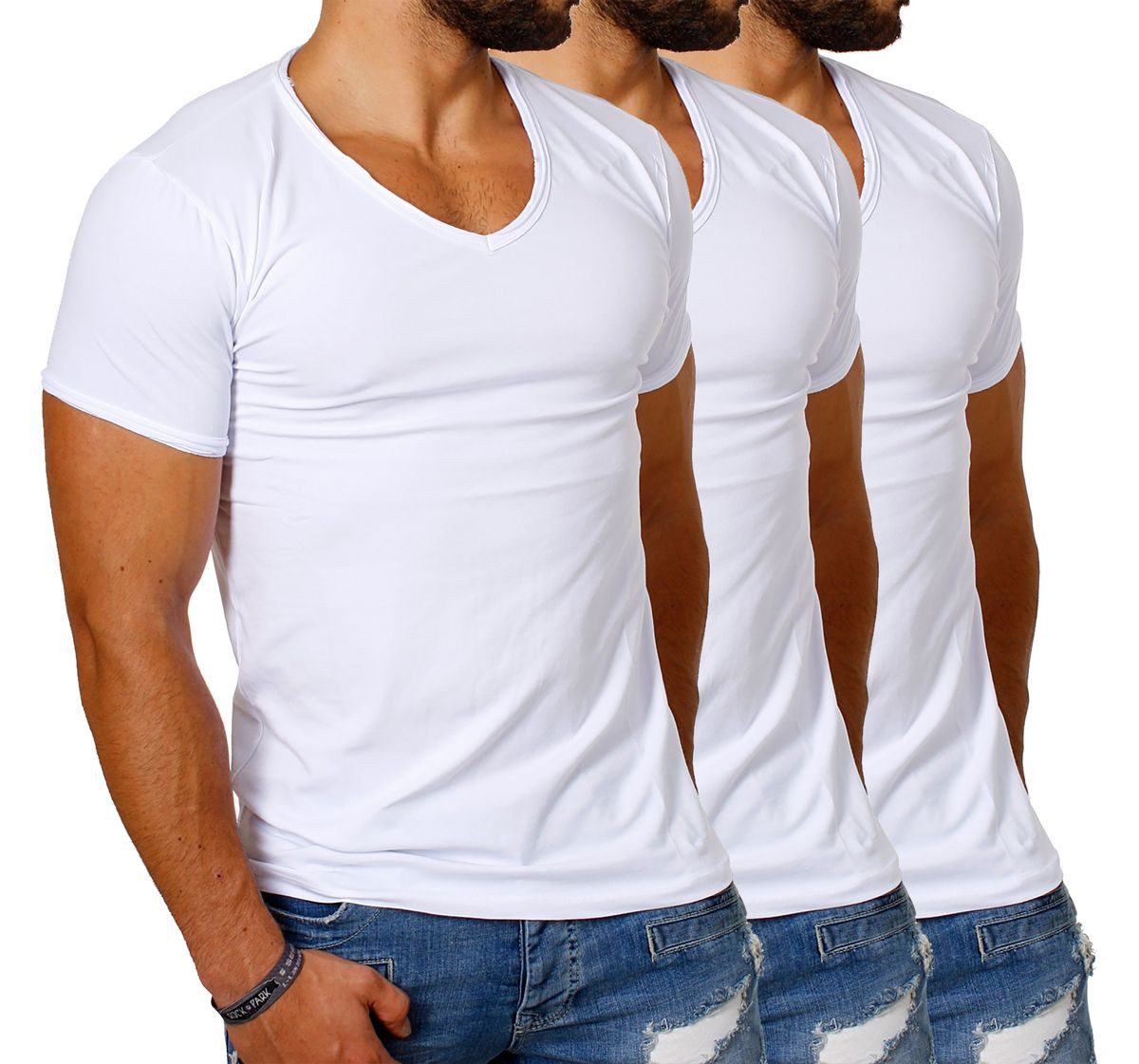 CARISMA T-Shirt Herren Uni Basic 4066 tief-breit geschnittener Ausschnitt vintage Look V-Ausschnitt unifarben kurzarm slim fit