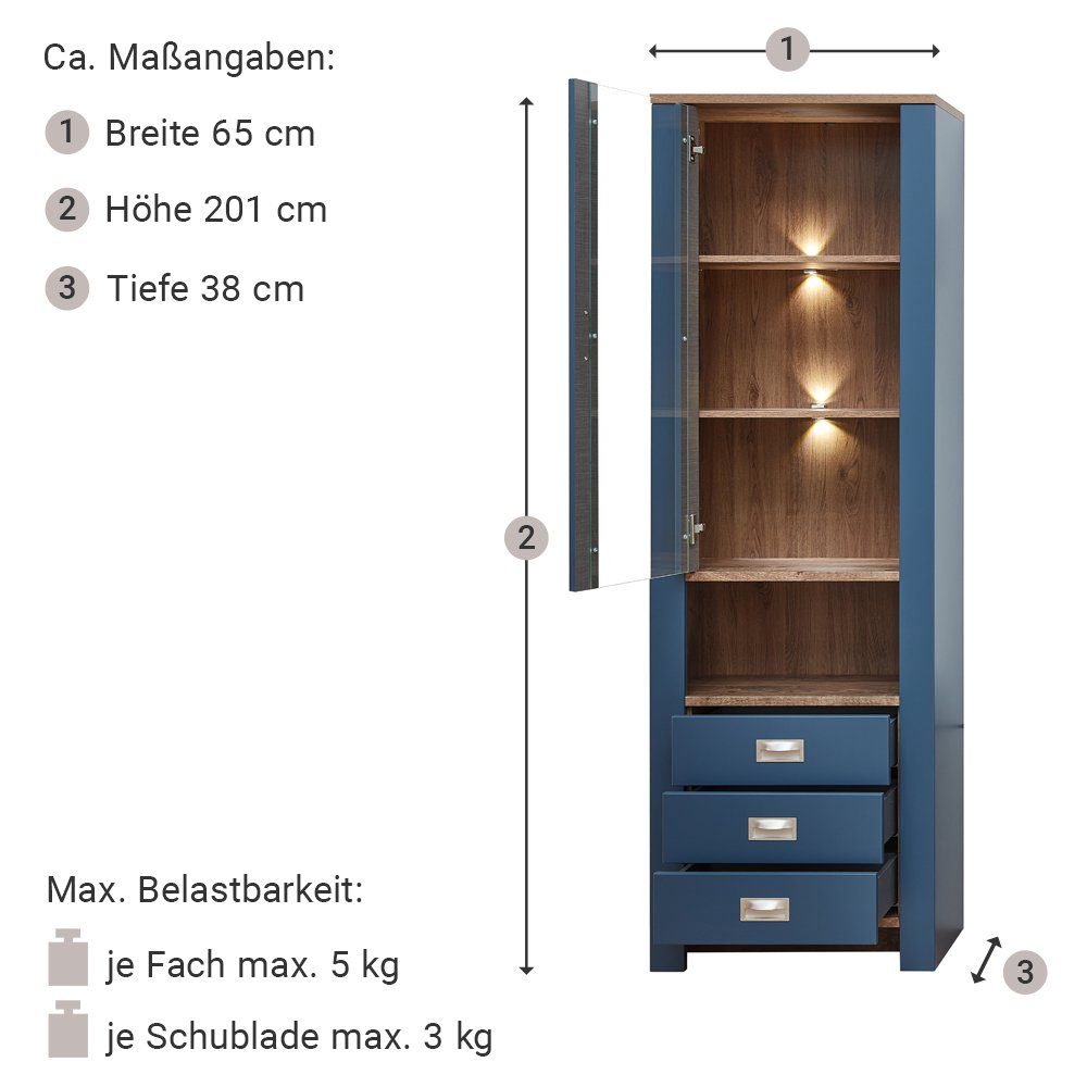(3-St., blau Eiche 3-tlg), DEVON-36, LED Nb., inkl. Lomadox Wohnwand Details in Landhaus Beleuchtung in mit