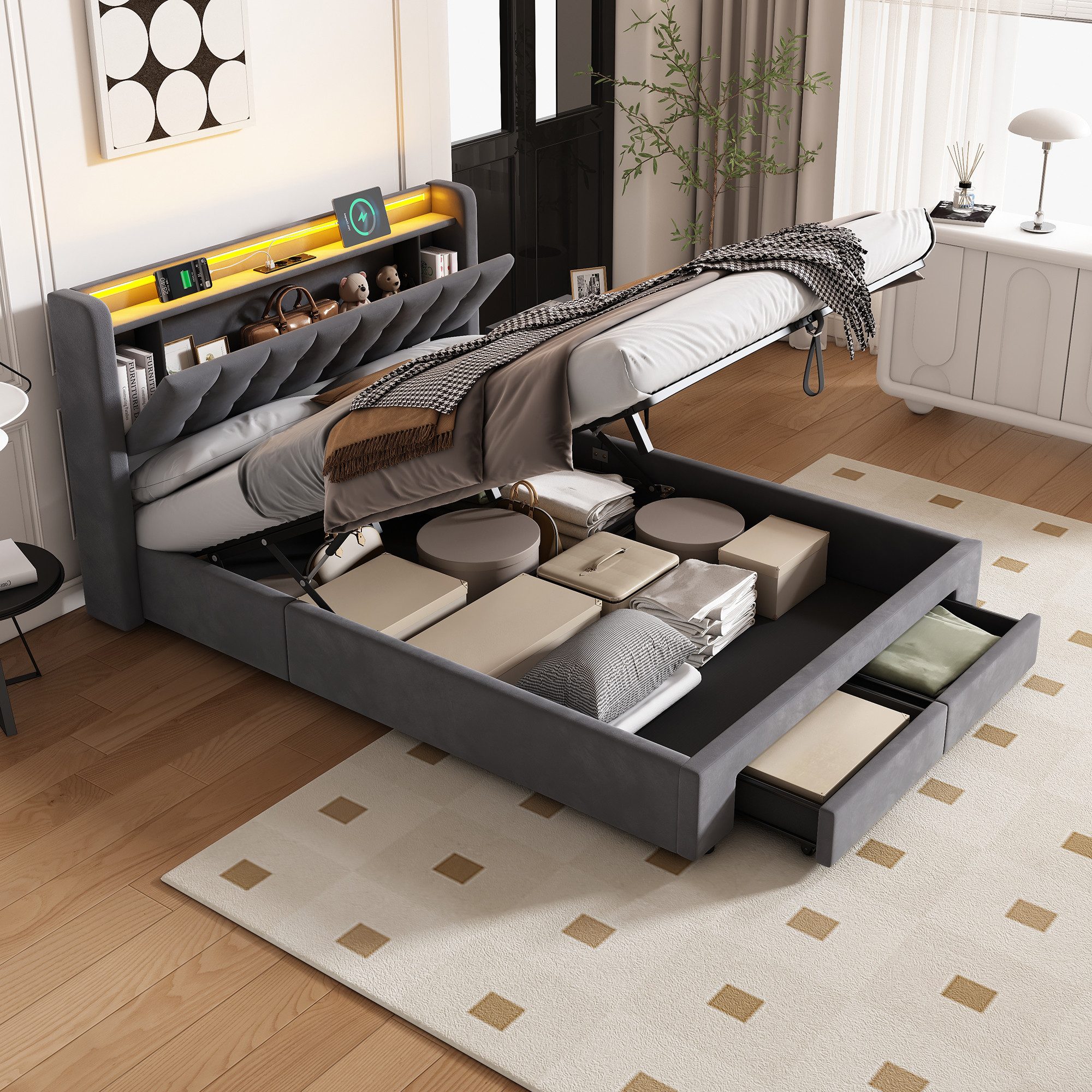 HAUSS SPOLE Polsterbett 90×200 mit bettkasten und Steckdosen Boxspringbett mit LED-Licht