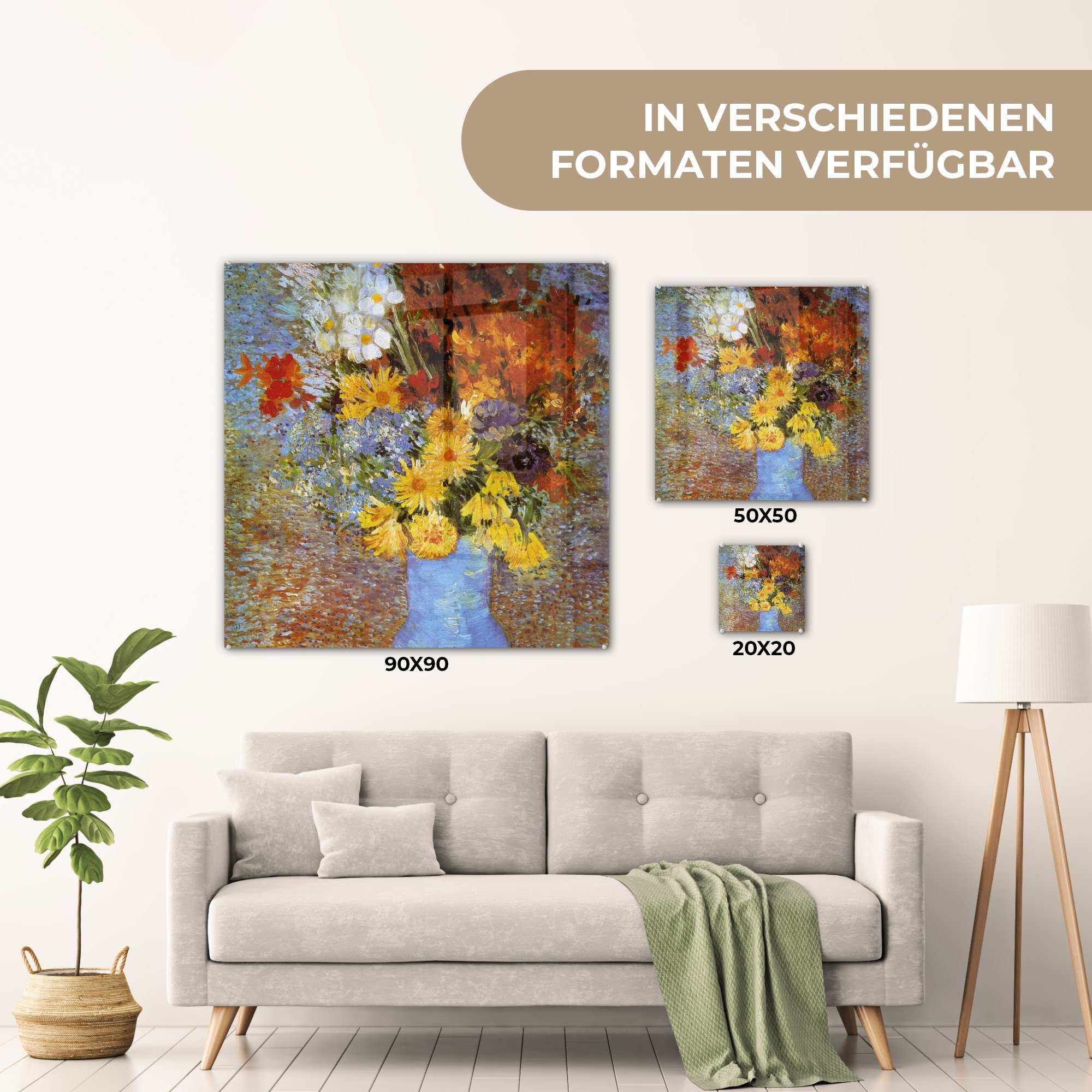 Gogh, Acrylglasbild - Gemälde - Wanddekoration auf mit auf und - Gänseblümchen Vase von Glas St), Vincent MuchoWow (1 Glasbilder Wandbild Glas - Foto Anemonen van Bilder