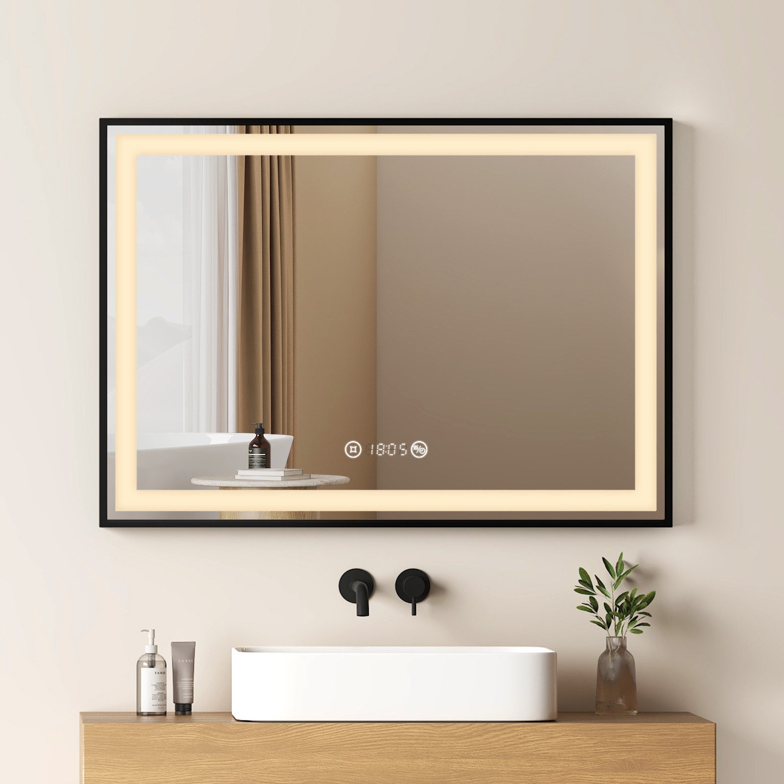 EMKE Badspiegel LED Beleuchtung mit Zeit, Temperatur, Anti-Beschlag, dimmba günstig online kaufen