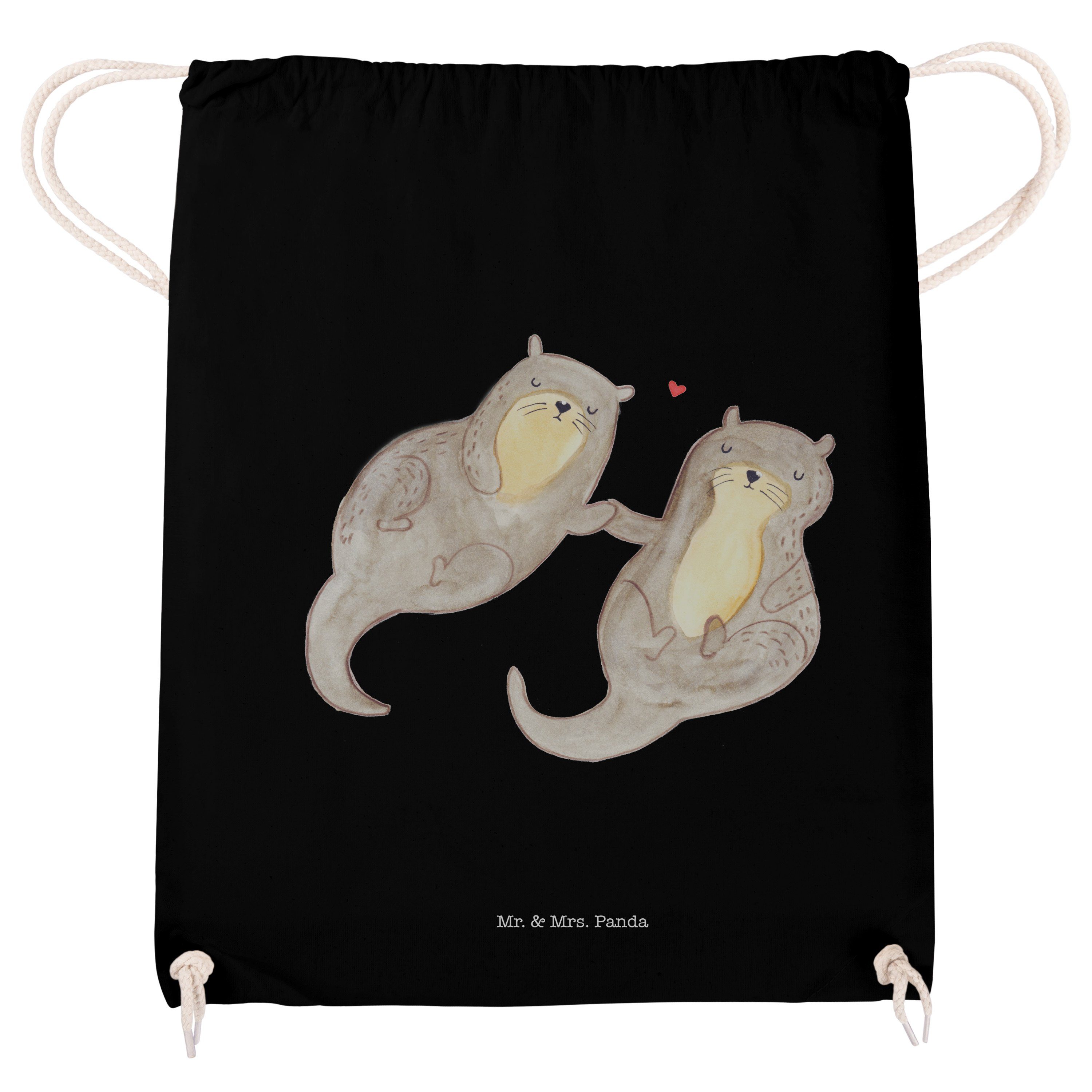 Geschenk, - Panda Mrs. Mr. & Fischotter, (1-tlg) Otter - Turnbeutel, Sporttasche Schwarz händchenhaltend B