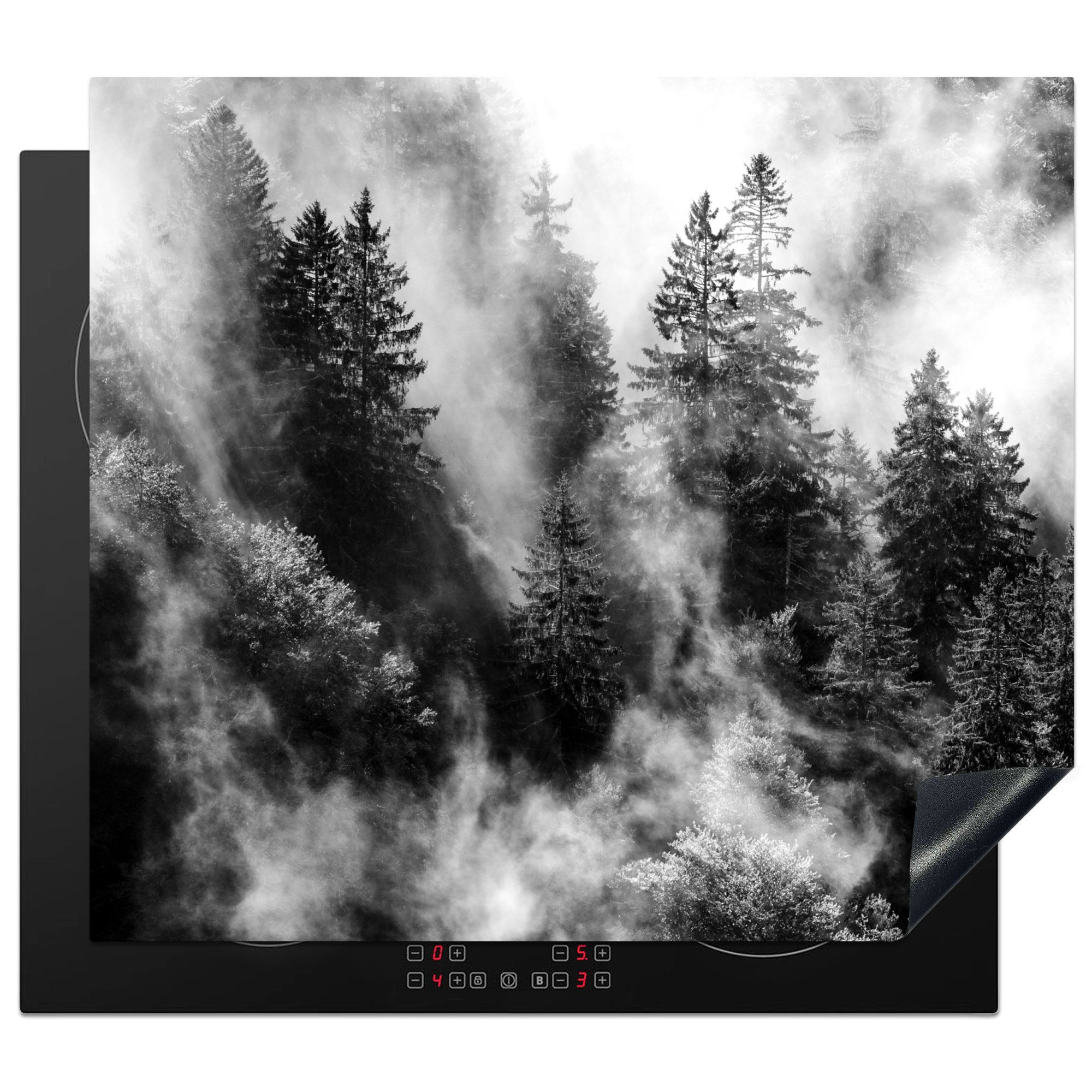 MuchoWow Herdblende-/Abdeckplatte Nebelwolken ziehen durch den Schwarzwald - schwarz und weiß, Vinyl, (1 tlg), 60x52 cm, Mobile Arbeitsfläche nutzbar, Ceranfeldabdeckung