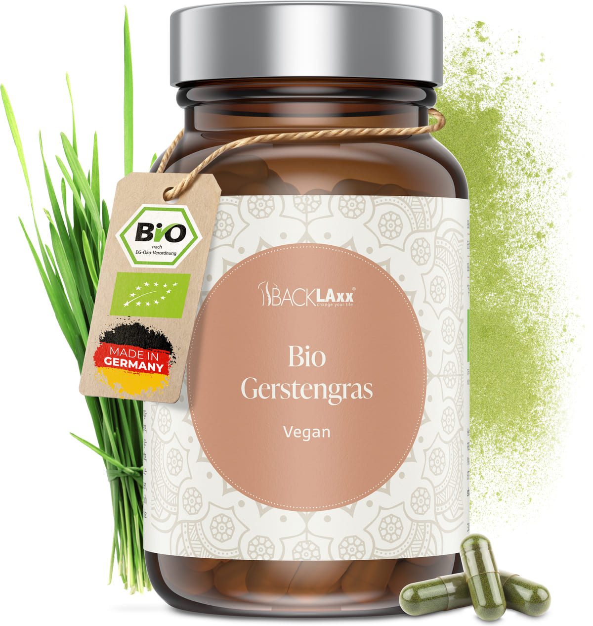 BACKLAxx® Bio Gerstengras Kapseln - 1500 mg pro Tagesdosis - 300 Kapseln, für 2 Monate Vorrat - aus deutschem Bio-Anbau - Vegan & ohne Zusätze