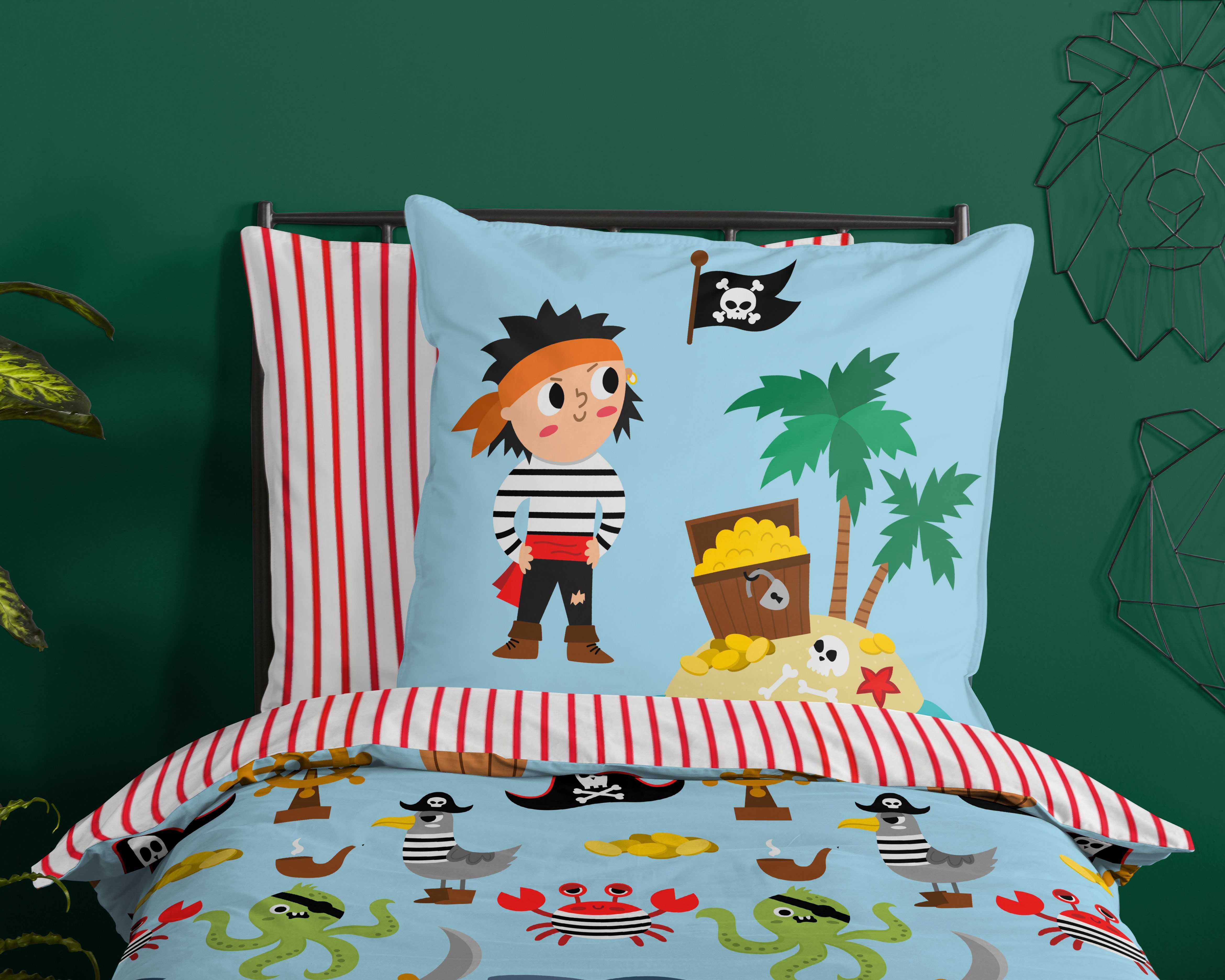 good morning Kinderbettwäsche Caribbean, Renforcé, 2 teilig, Baumwolle, Reißverschluss, Wende, Baby, Kind, Junge, Piraten, Türkis – Bild 3 von 4