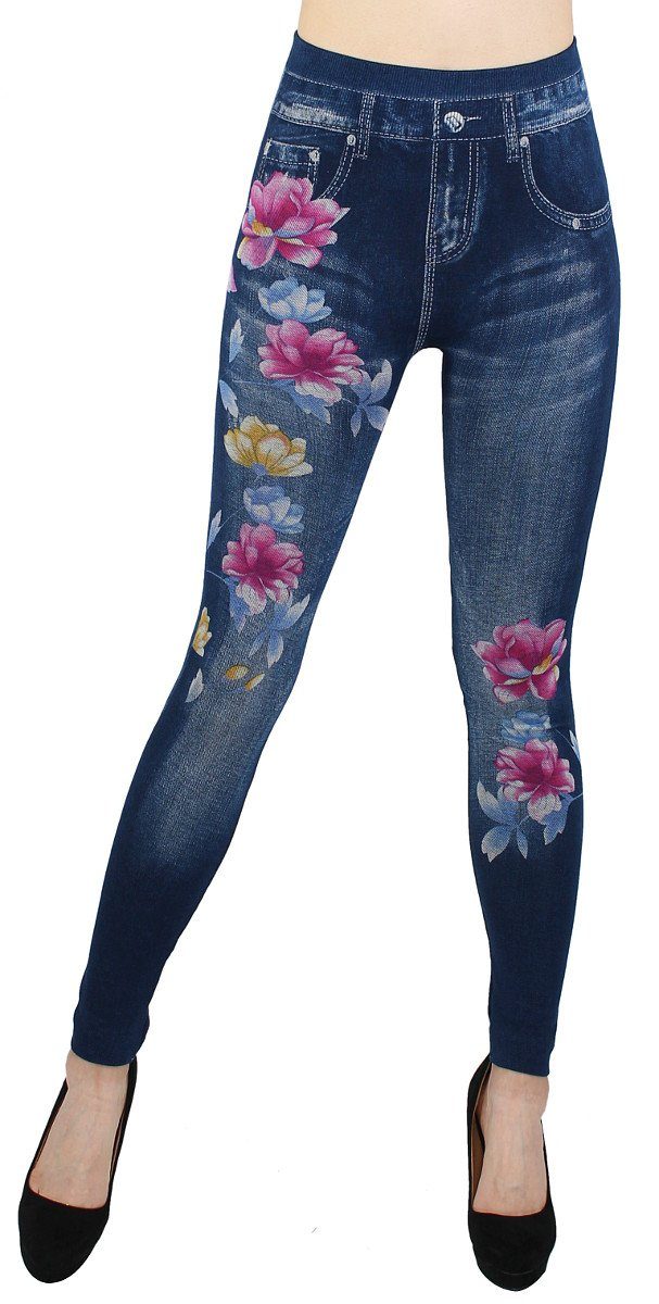 JL414-SpringFlowersBLUE Jeggings Bund High Bequem Leggings Jeansleggings dy_mode Jeans in mit Waist elastischem Optik Damen Jeggings