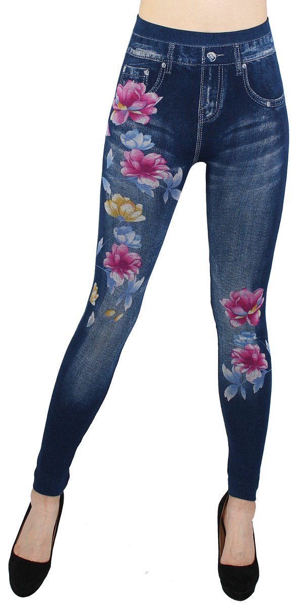 Jeggings dy_mode Jeansleggings High mit Bequem JL414-SpringFlowersBLUE Leggings Bund Jeggings Damen Optik in Waist Jeans elastischem