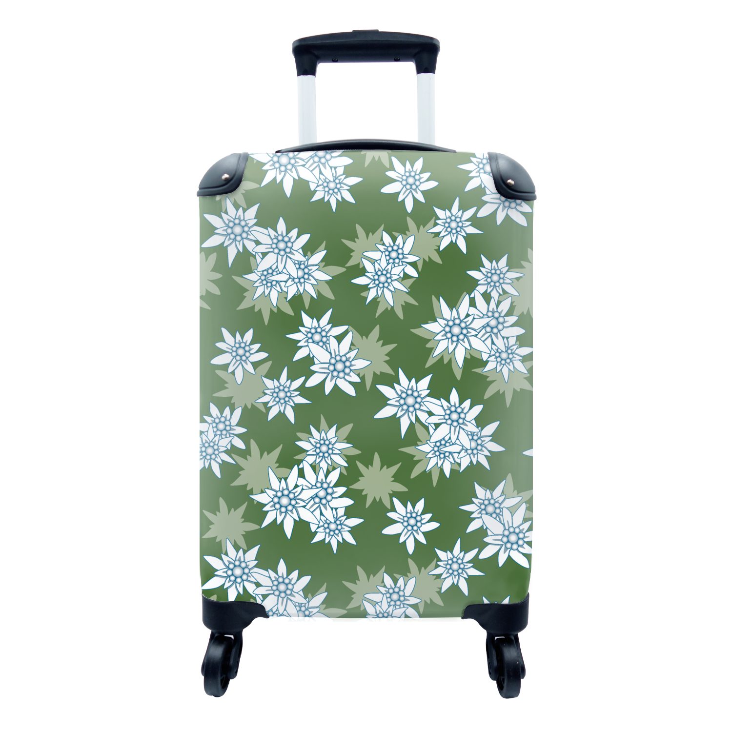 MuchoWow Handgepäckkoffer Edelweiss - Grün - Blumen - Muster, 4 Rollen, Reisetasche mit rollen, Handgepäck für Ferien, Trolley, Reisekoffer