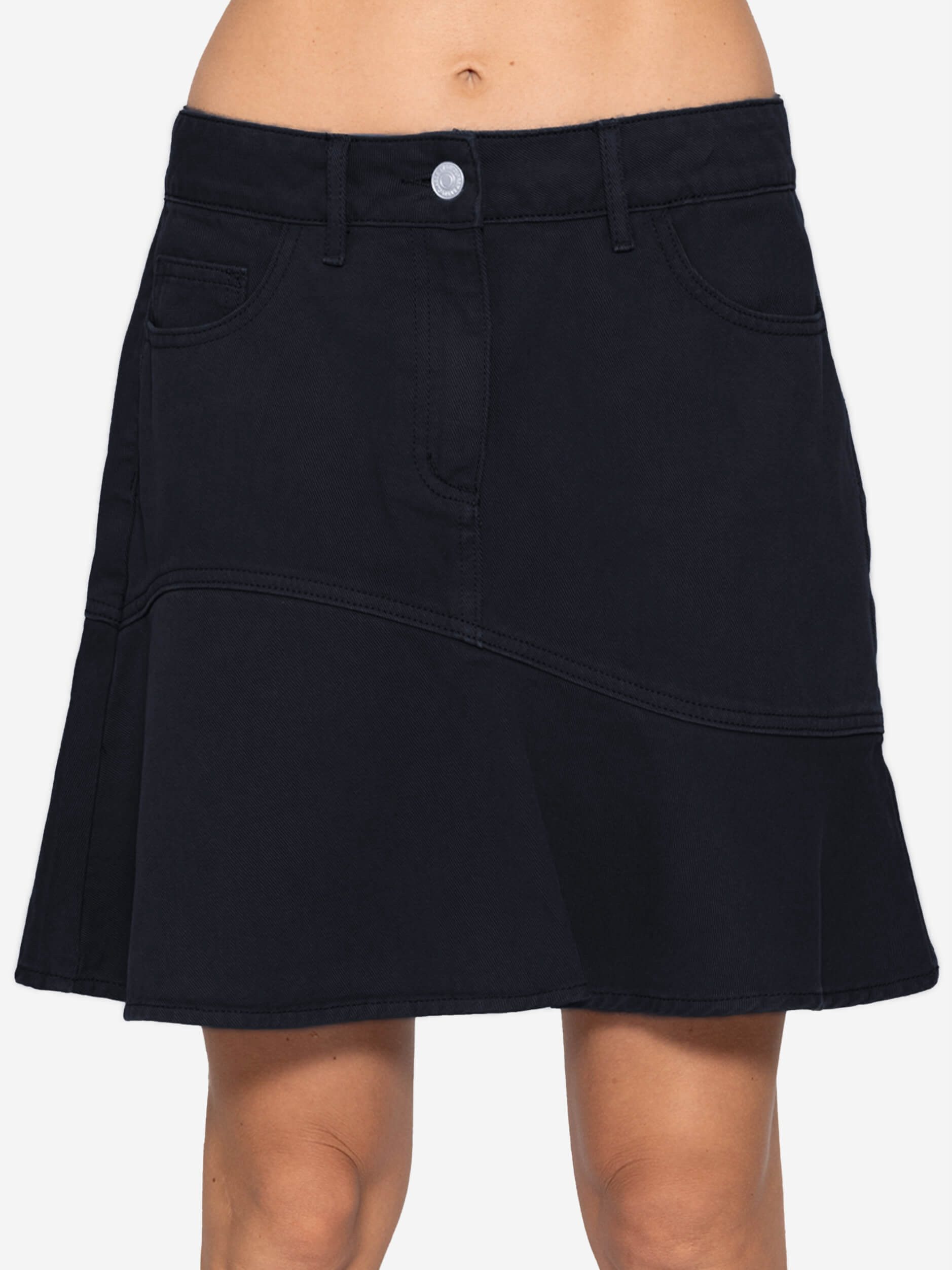 SASSYCLASSY A-Linien-Rock Jeans Rock mit Volant für Damen Low Waist Denim Rock mit dekorativer Naht Schwarz Khaki Burgundy