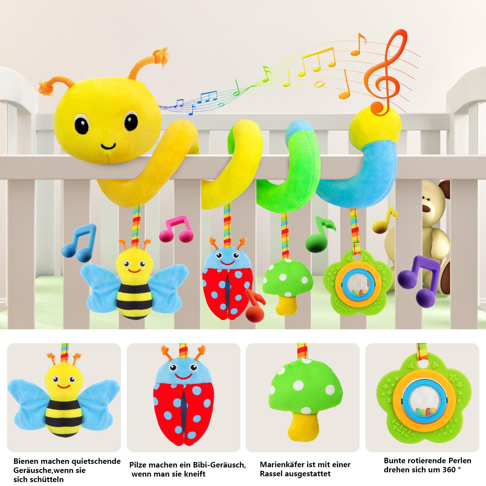 CLTYQ Kinderwagenkette Baby-Autositz-Spielzeug,Spiral-Activity,Baby Kinderwagen Spielzeug, weiches Plüsch-Hängespielzeug,Motorikspielzeug Greifspielzeug