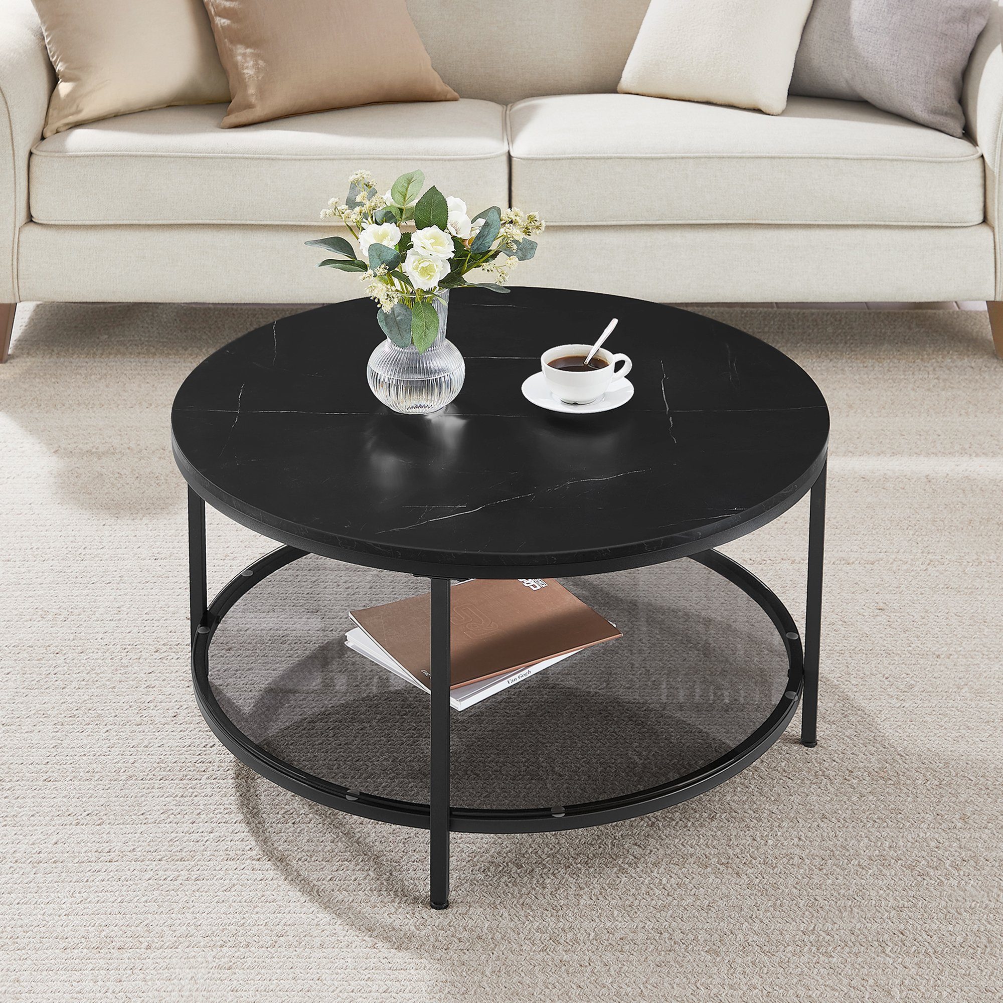 VASAGLE Couchtisch, Beistelltisch, Ø 65/80 x 46cm, Marmoroptik, Hartglasablage unten