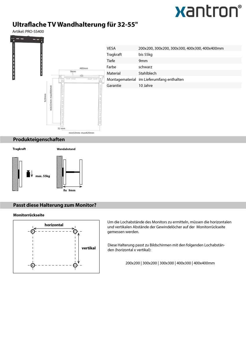 Xantron TV-Wandhalterung für Monitore 32-55" fix, ultraflach, PRO-SS400, (bis 55 Zoll) – Bild 4 von 4