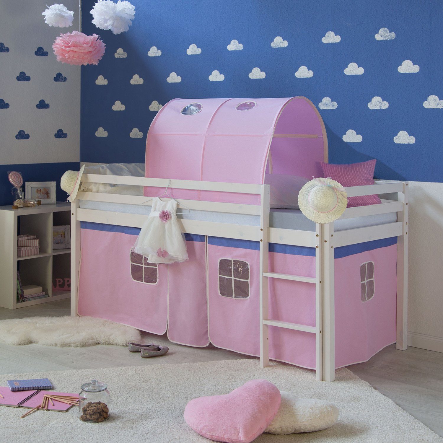 Homestyle4u Hochbett Kinderbett mit Leiter und Vorhang Weiß Rosa Holz Trepp günstig online kaufen