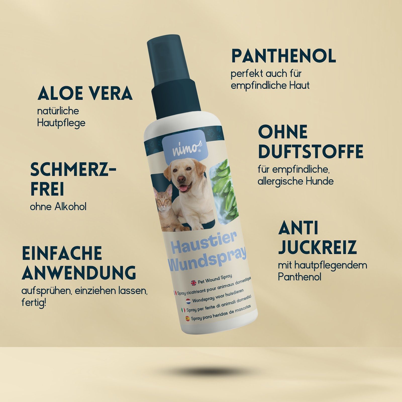 nimo Gesichts- und Körperspray Haustier Wundspray, 1-tlg., schmerzfreie Anwendung, ohne Alkohol