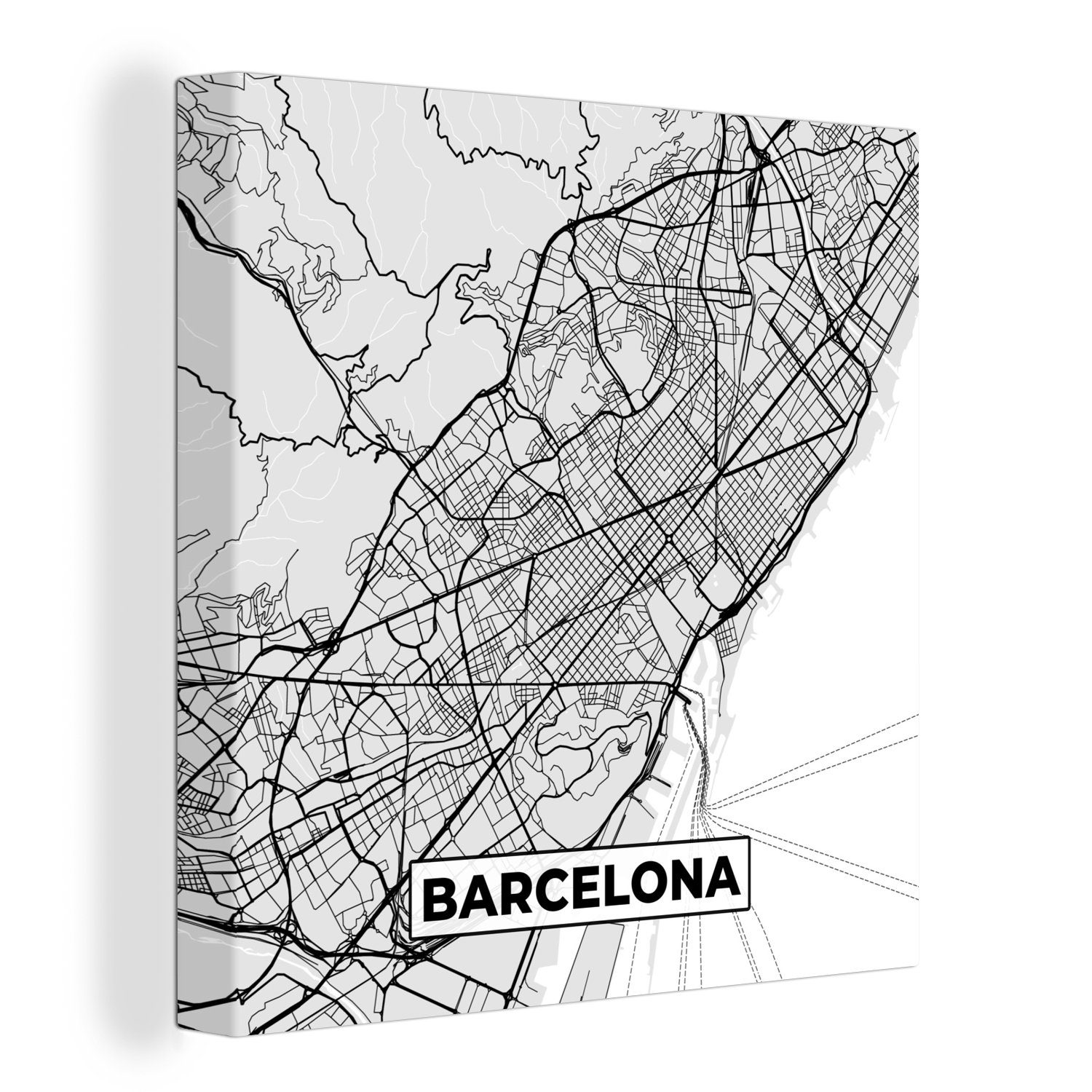 OneMillionCanvasses® Leinwandbild Barcelona - Stadtplan - Karte - Schwarz und weiß, (1 St), Leinwand Bilder für Wohnzimmer Schlafzimmer | Leinwandbilder