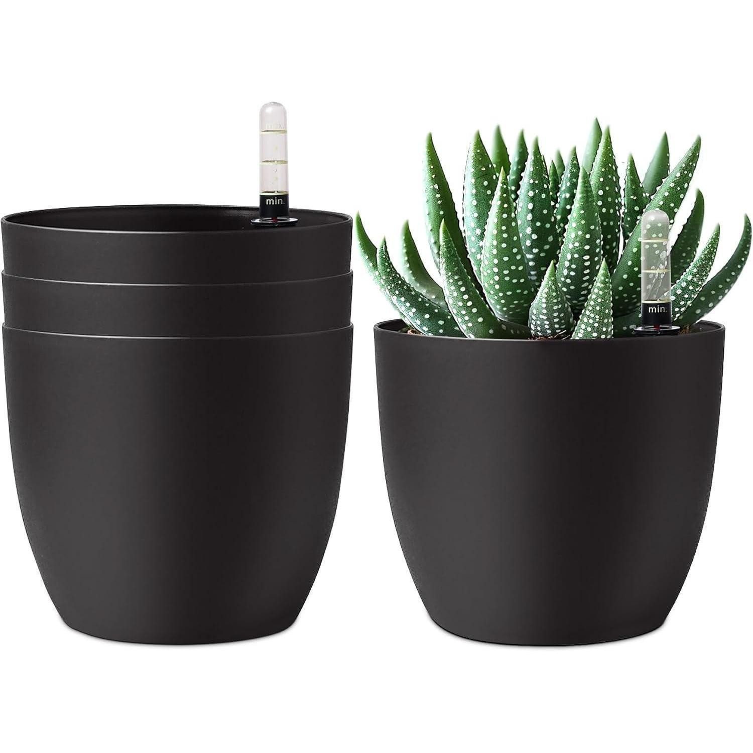 LuxusKollektion Übertopf 15cm Selbstwässernder Blumentopf mit Wasseranzeiger Schwarz 4er-Set