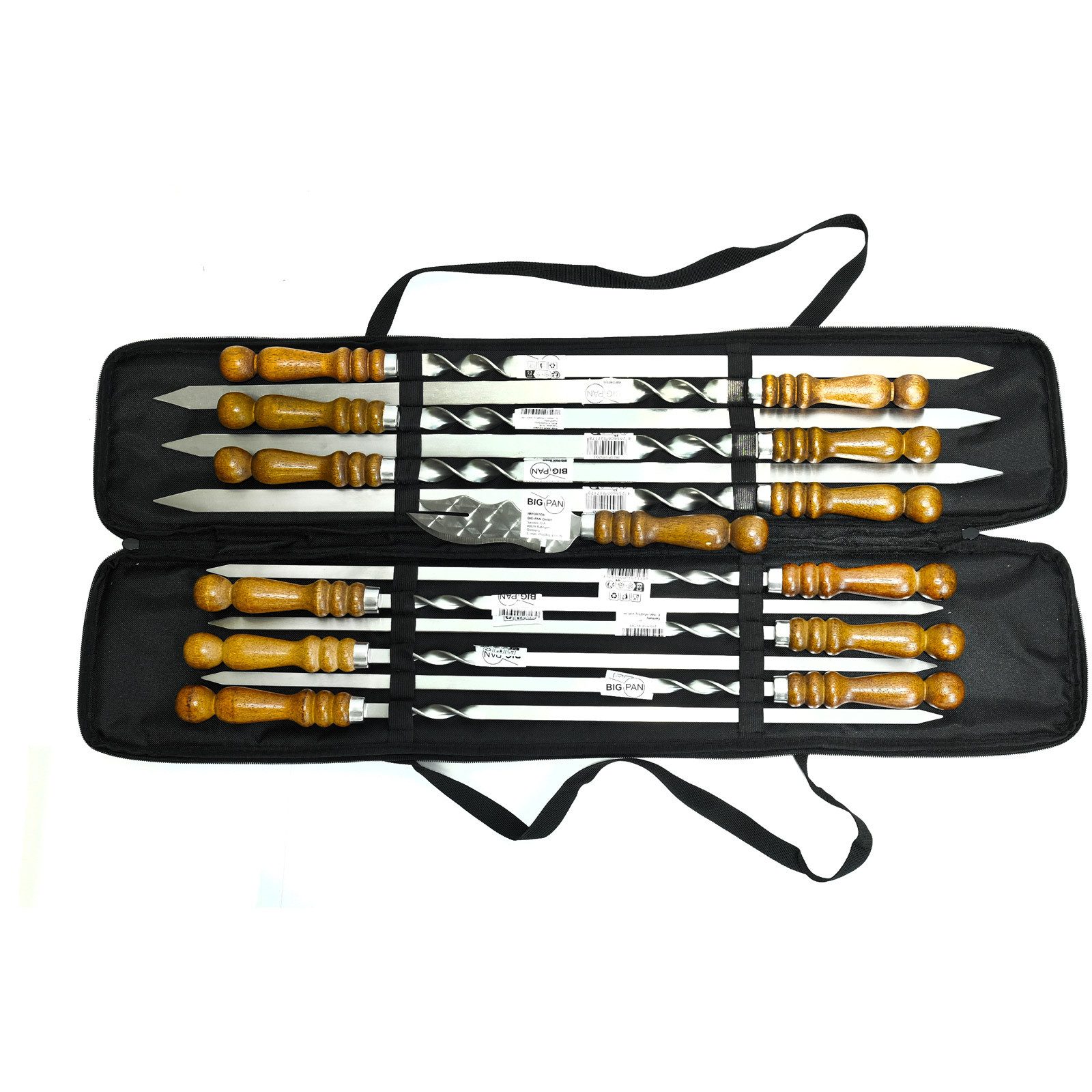 BIG-PAN Schaschlikspieße 12 Stk. Set Schampura mit Tasche Kebab Grillspieße (Grillspieße mit Aufbewahrungstasche für Grill, Camping & Outdoor, Kebab Adana Spieße, Tasche), kaltgewalzter Edelstahl