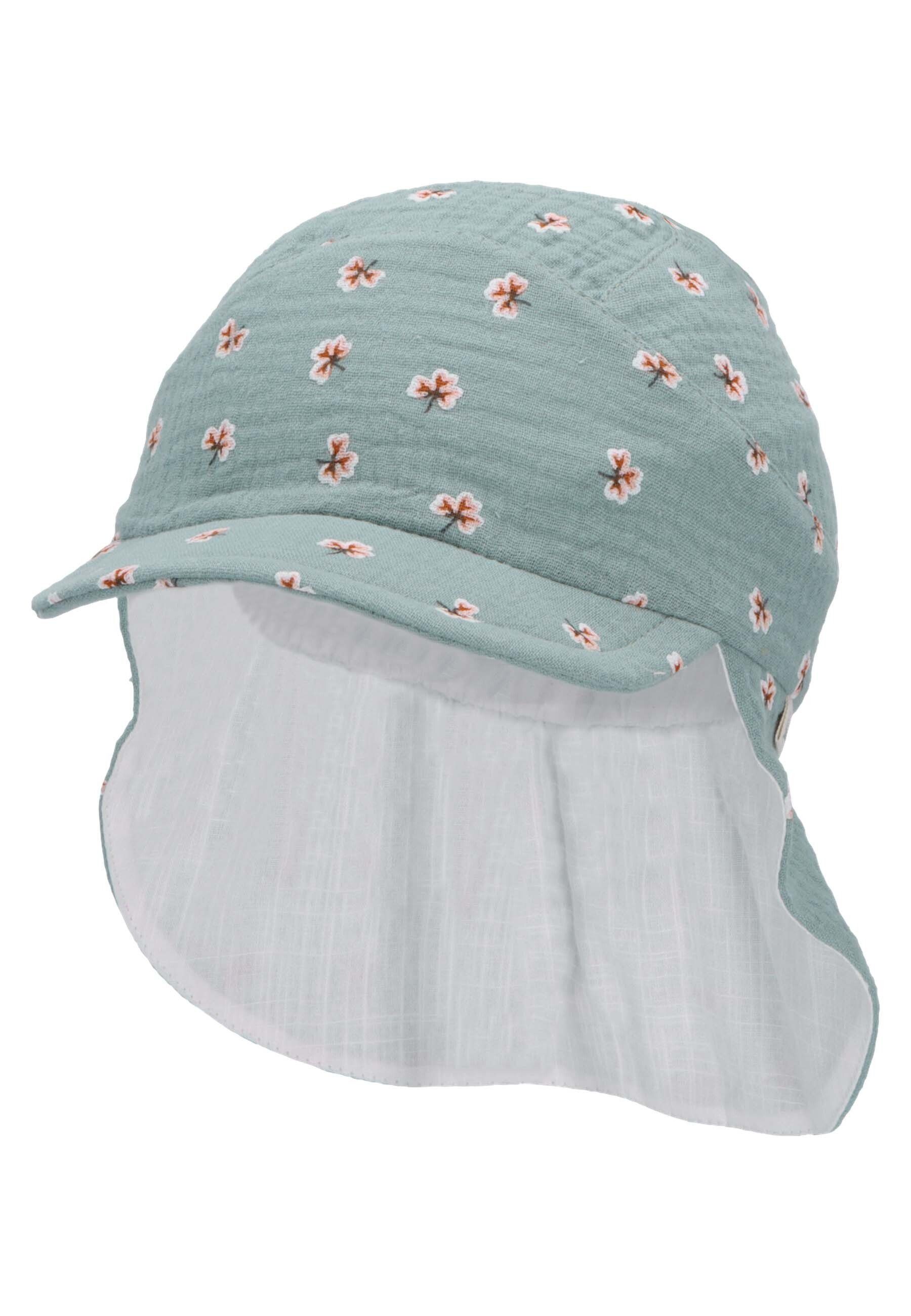 Sterntaler® Schirmmütze Schirmmütze Nackensch. mit dunkelgrün mit Sonnenschutz bedruckt Nackenschutz Sommermütze (1-St., mit Motiven süßen Babyhut Größenregulierungsband Blumen Kinder) für idealer