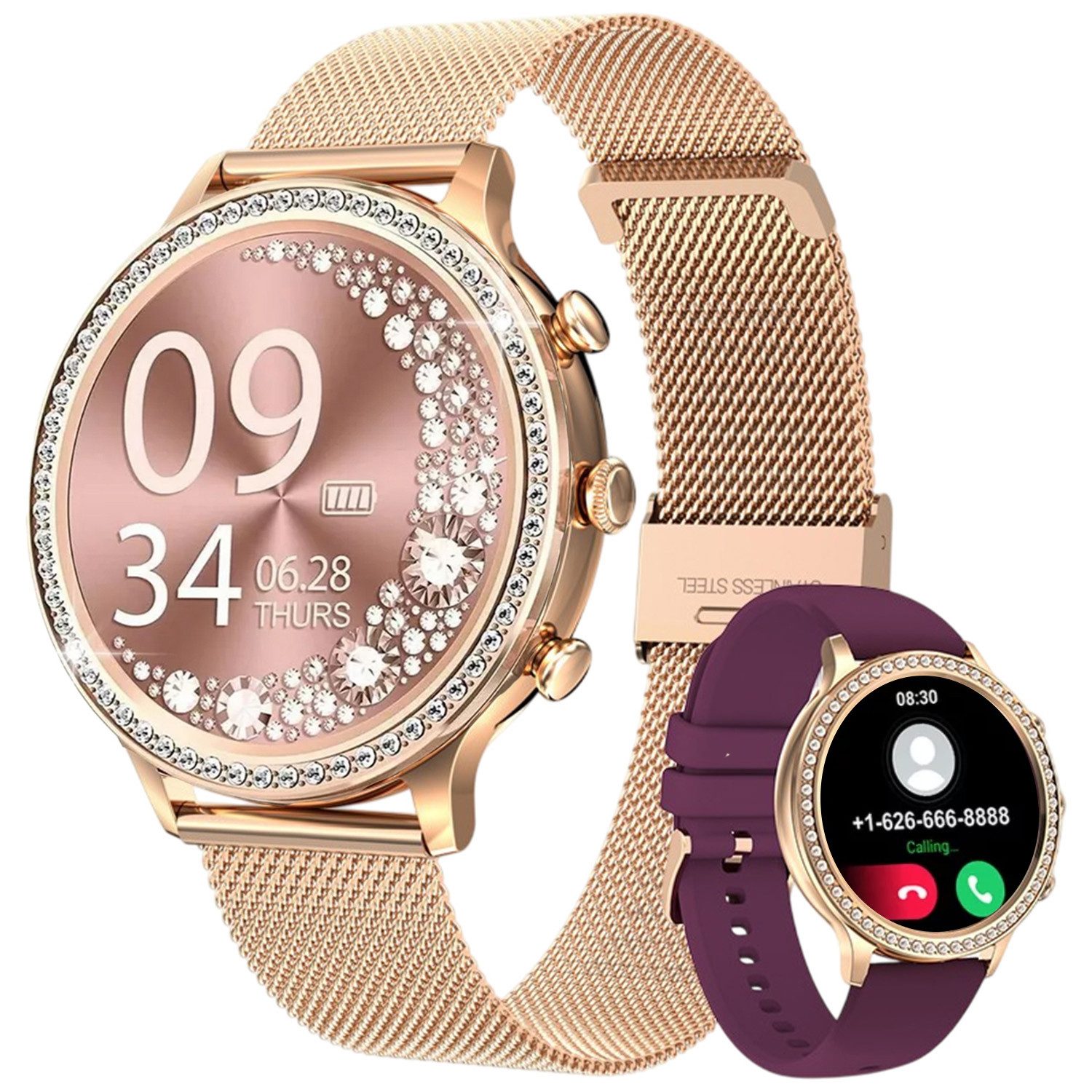 Refttenw Armbanduhr Damen mit Telefonfunktion,1.32in Diamant Fitnessuhr,2 Gurte Smartwatch, IP67 wasserdicht