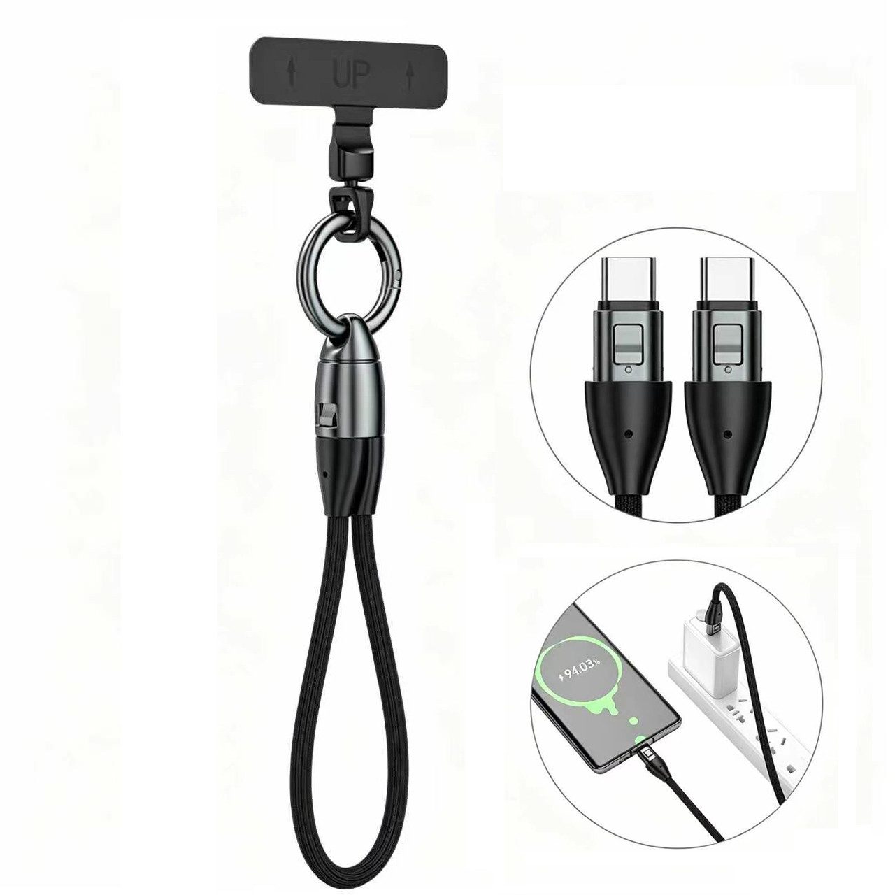Vornix Smartphone-Umhängeband, Schnellladekabel Batteriekabel, 240-W-USB-C-Ladekabel für Schnellladung Datenübertragung mit praktischer Befestigungslasche, (30 cm)